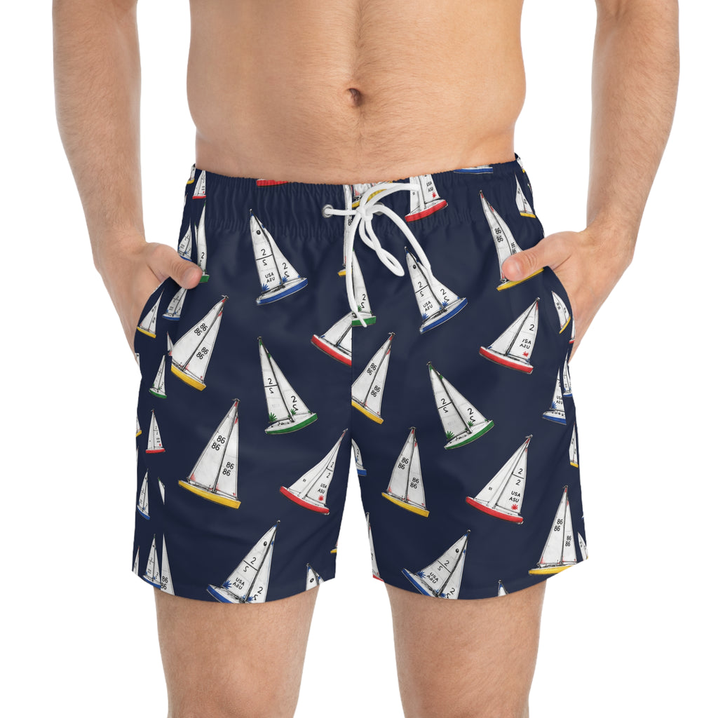 Bañador estampado de veleros del Central Park — Estampado de veleros integral azul marino para hombre