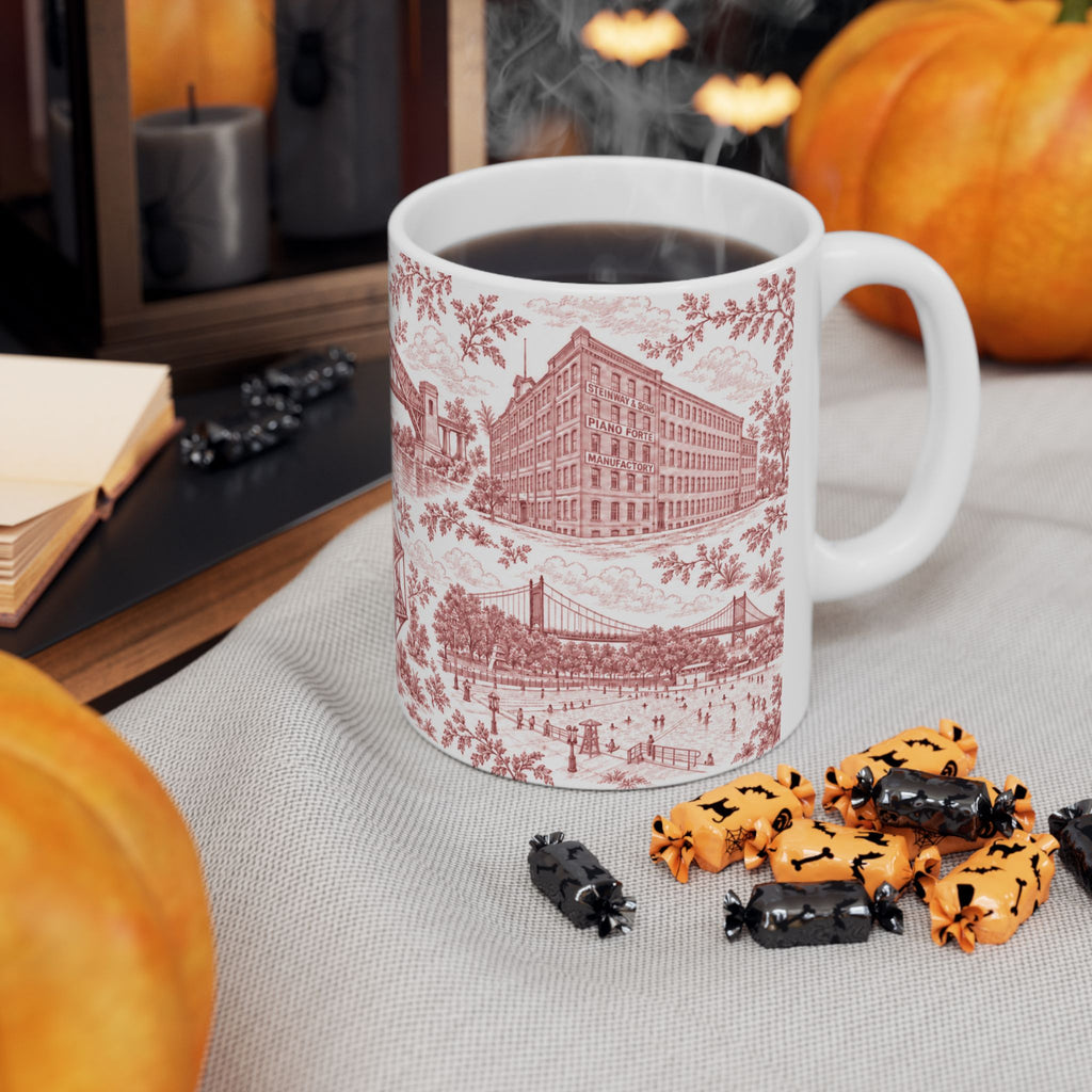 Astoria Red Toile Cityscape Ceramic Mug — 11oz Decorative Coffee Cup