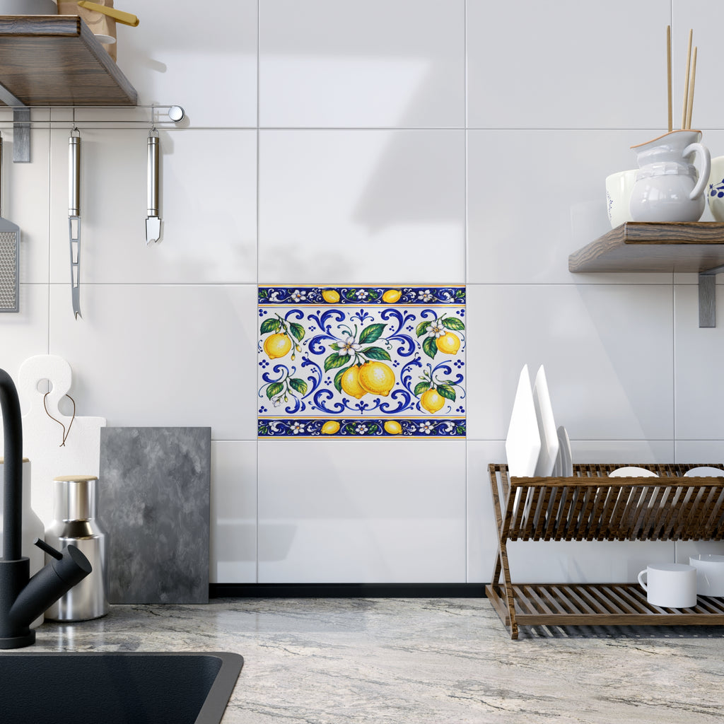 Little Italy Amalfi Blue and White with Lemon Ceramic Tile - Mediterranean Lemon Decorative Kitchen Backsplash Tile Art 6" x 8"