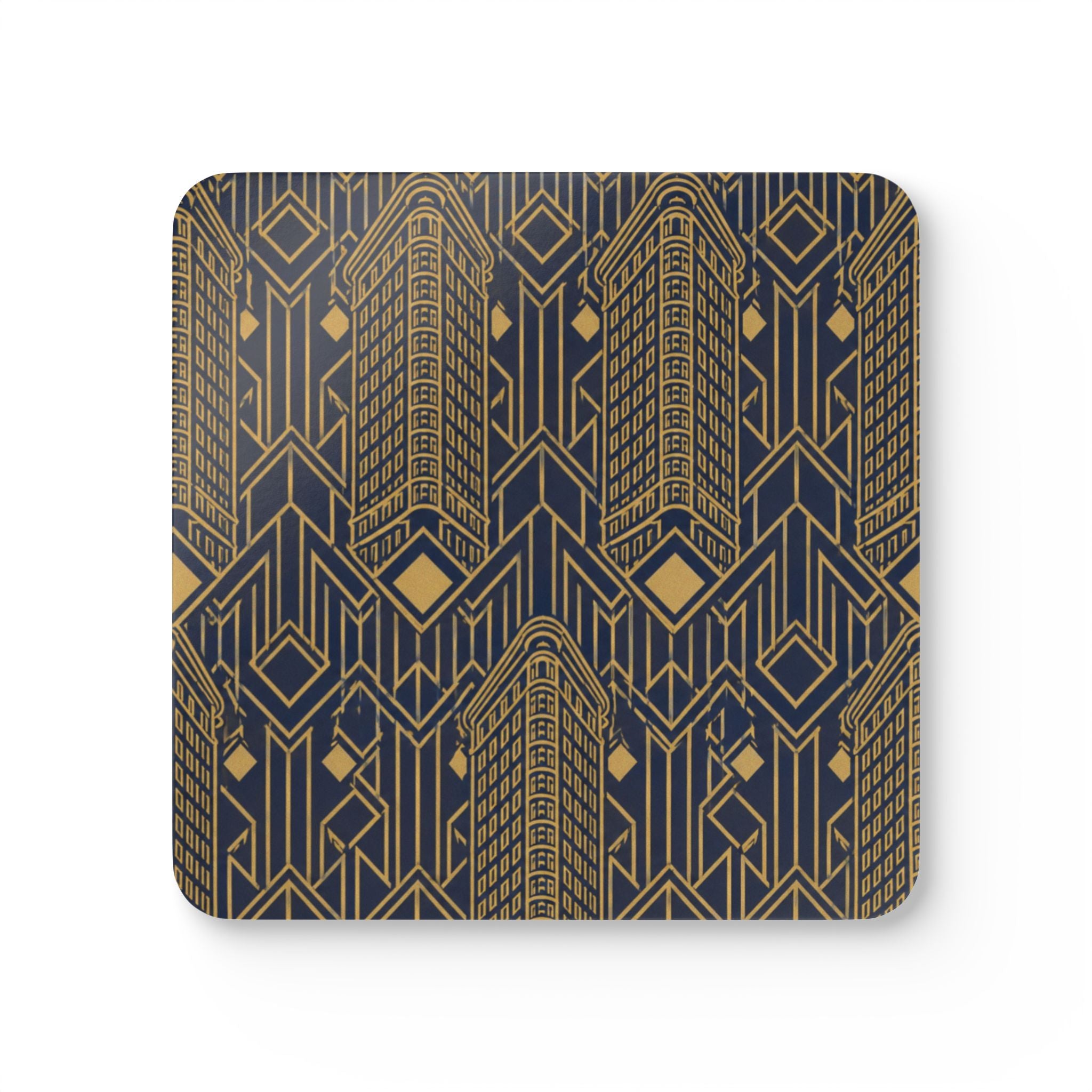 Art Deco Flatiron Building Gold & Navy Cork Coaster Set — Geometric Vintage Cocktail Coasters Set of 4