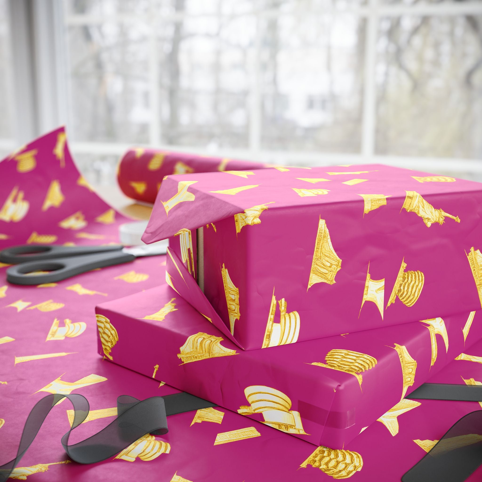 Gold NYC Landmarks on Pink Gift Wrap Paper | New York Statue of Liberty Oculus Vessel Brooklyn Bridge Guggenheim Wrapping Paper Roll