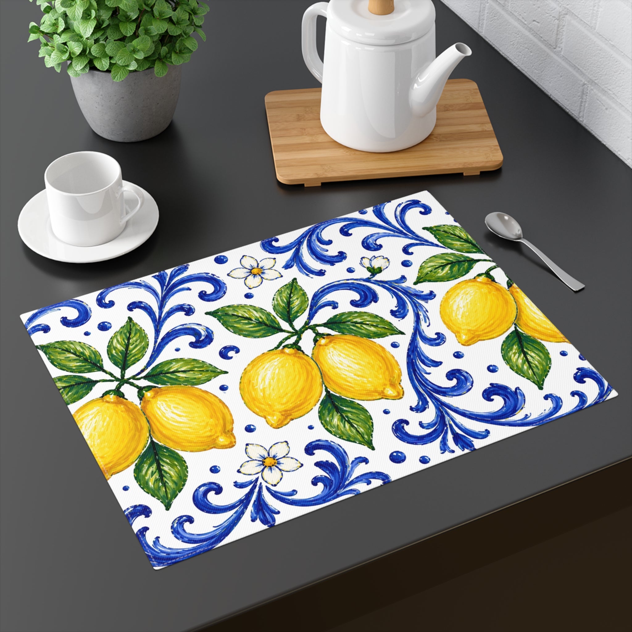 Little Italy Amalfi Blue and White with Lemon Decorative Placemat — Mediterranean Citrus Table Mat