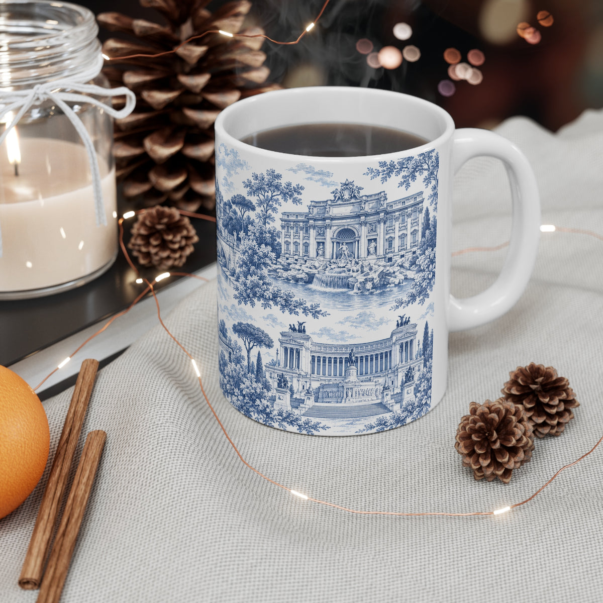 Rome Blue Toile de Jouy Ceramic Mug — (11oz; Ships from Europe)