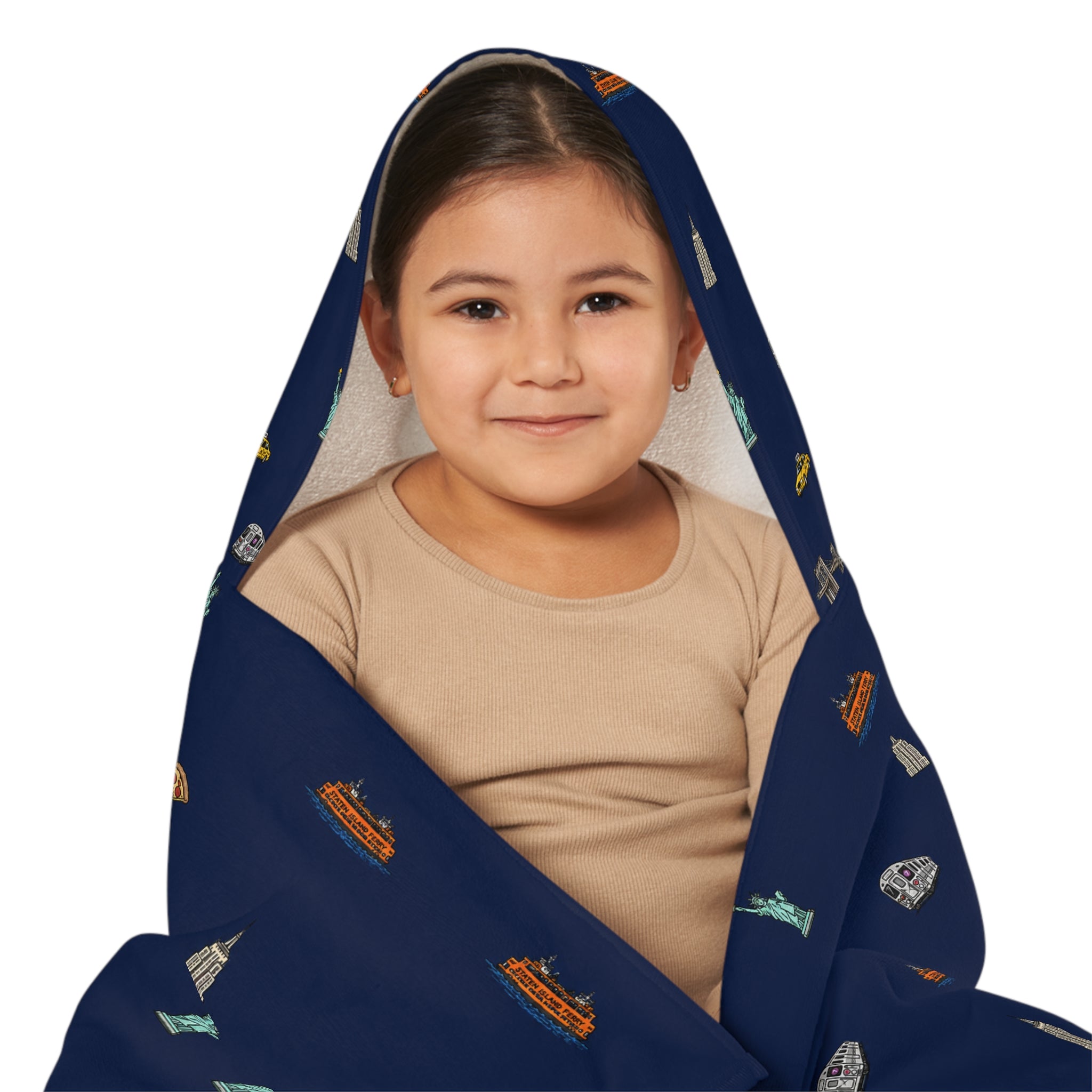 Icons of New York City Navy Blue Hooded Kids Towel — Statue of Liberty, Pizza & Skyline Childrens Towel