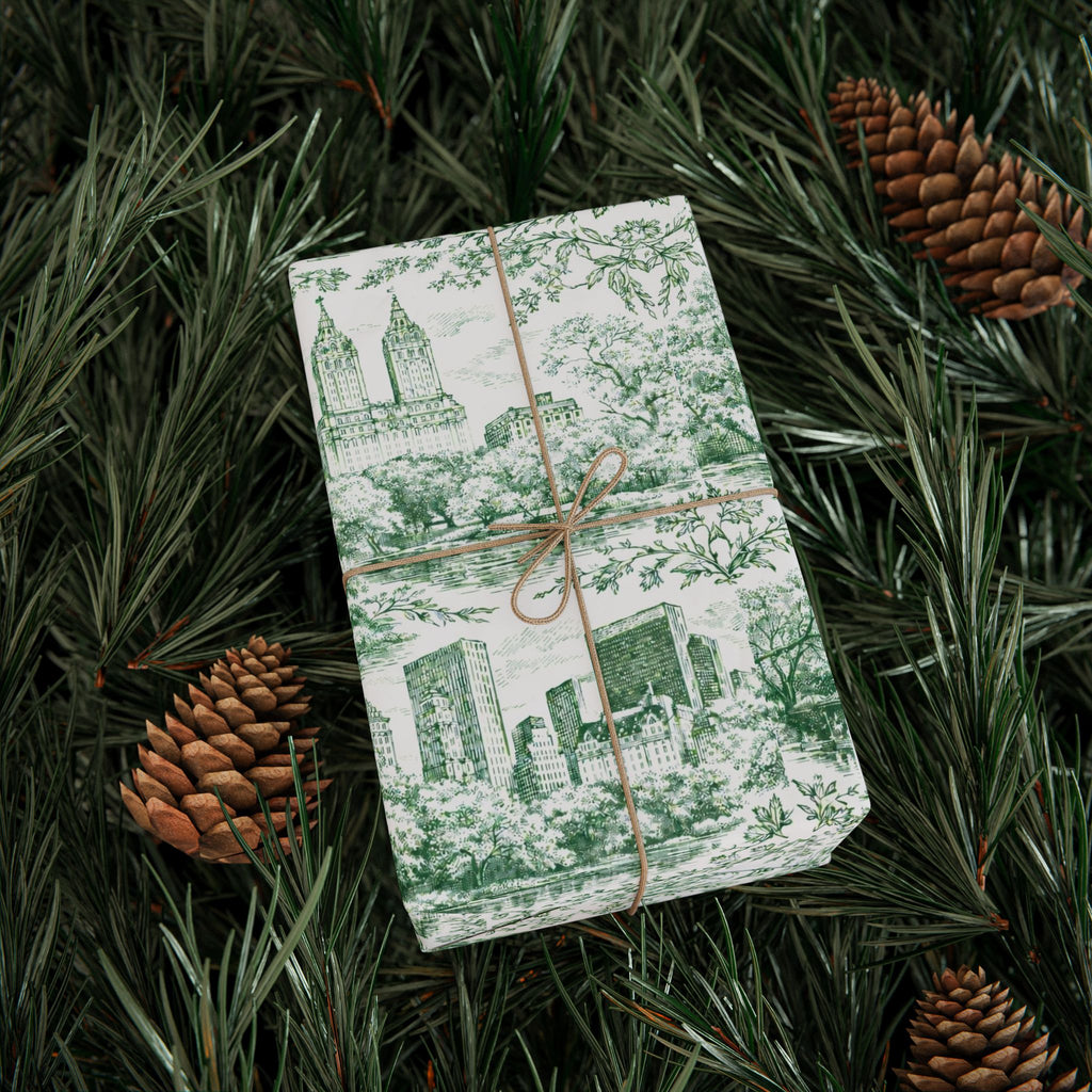 Central Park Green Toile NYC Wrapping Paper | New York City Scenic Toile Pattern Roll