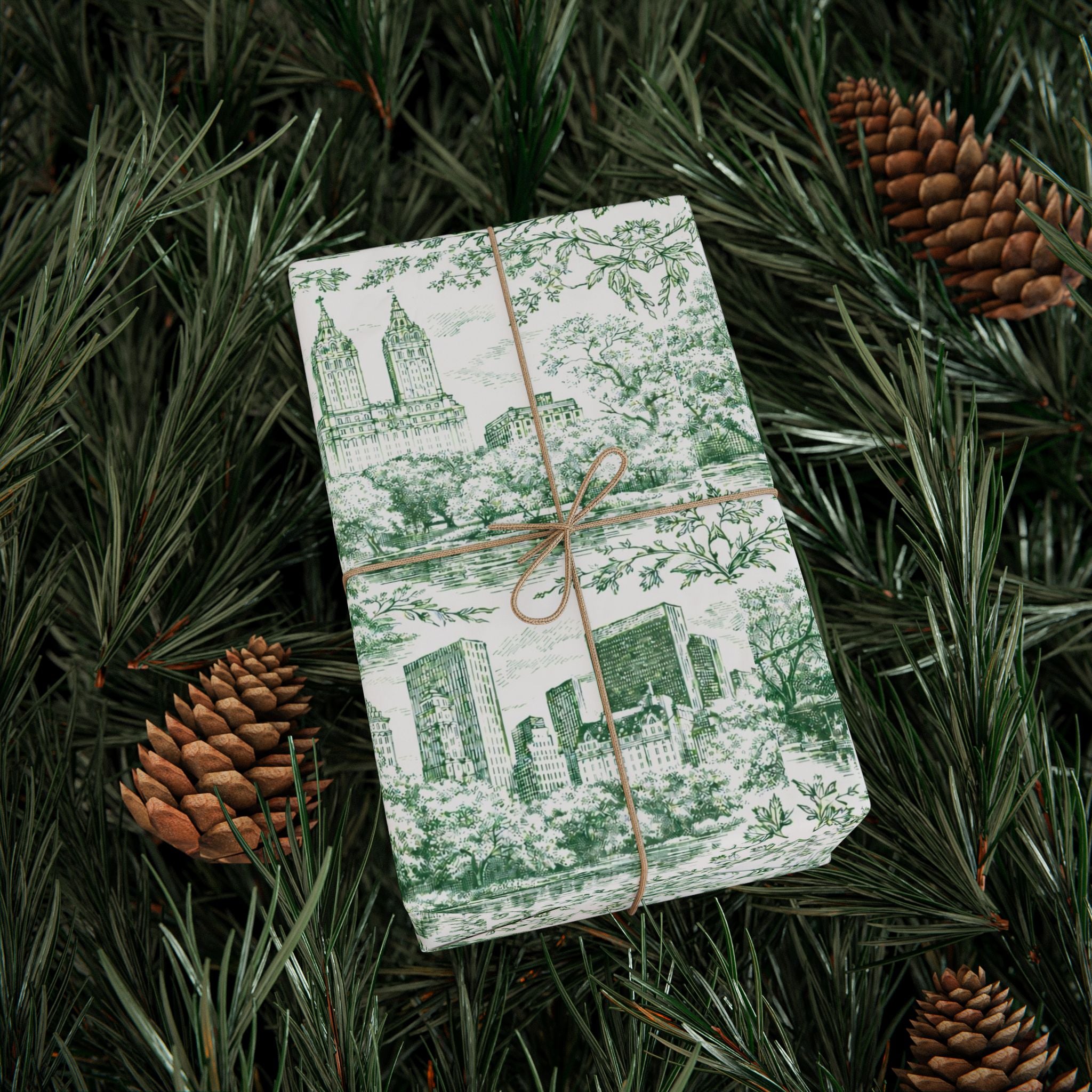 Central Park Green Toile NYC Wrapping Paper | New York City Scenic Toile Pattern Roll