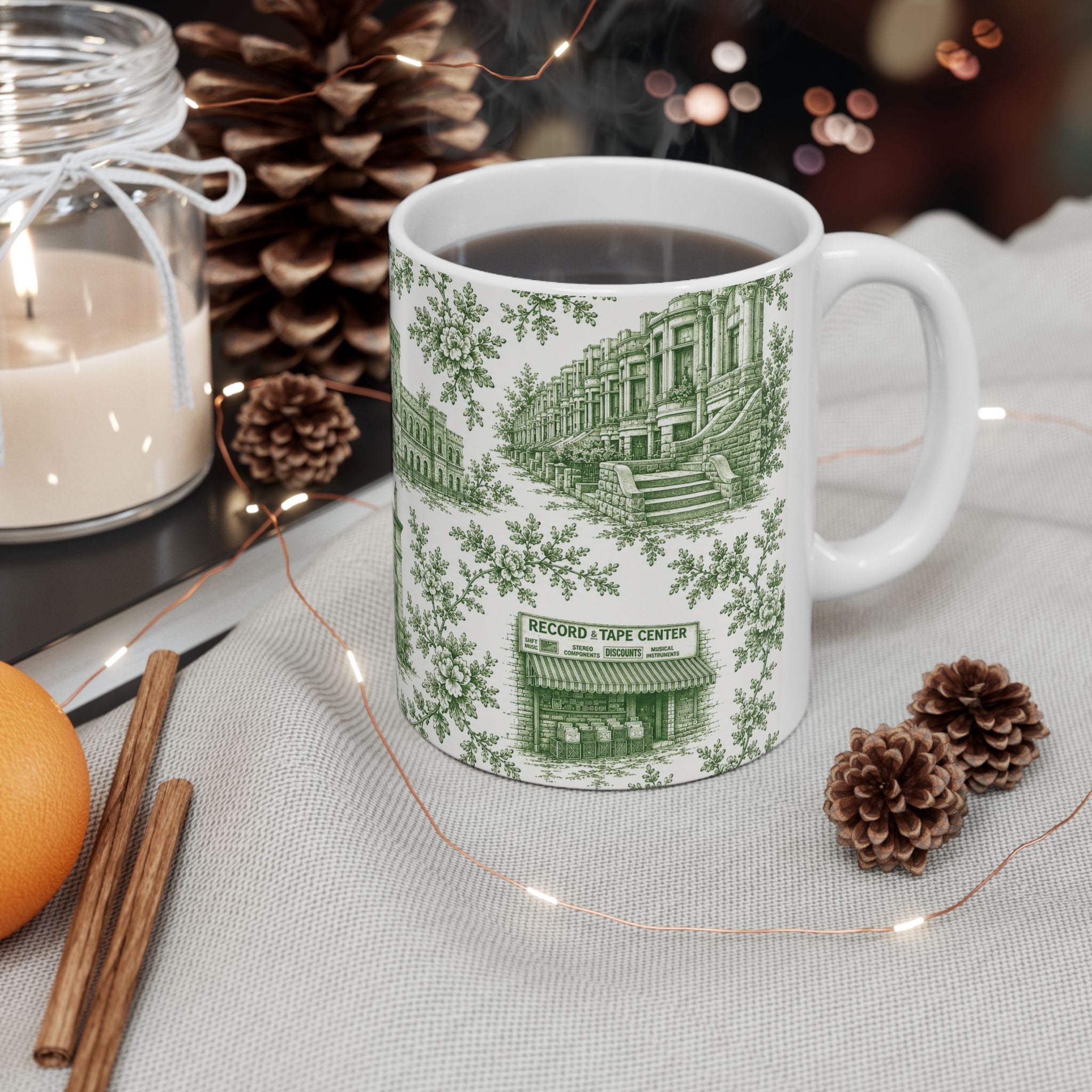 Park Slope Green Toile de Jouy Mug | NYC Chinoiserie Ceramic Coffee Cup
