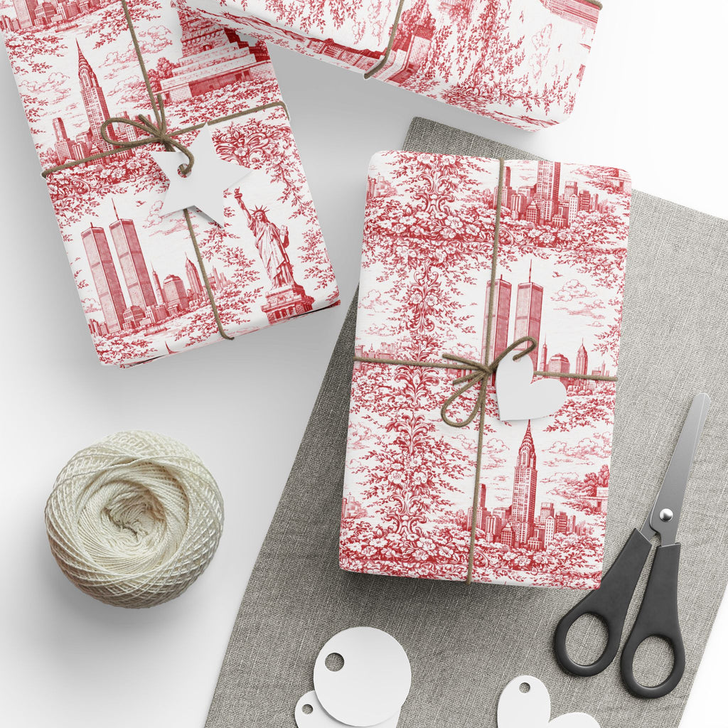 Manhattan NYC Red Toile Gift Wrapping Papers   Chinoiserie New York City Gift Wrap Empire State Building Twin Towers Statue of Liberty
