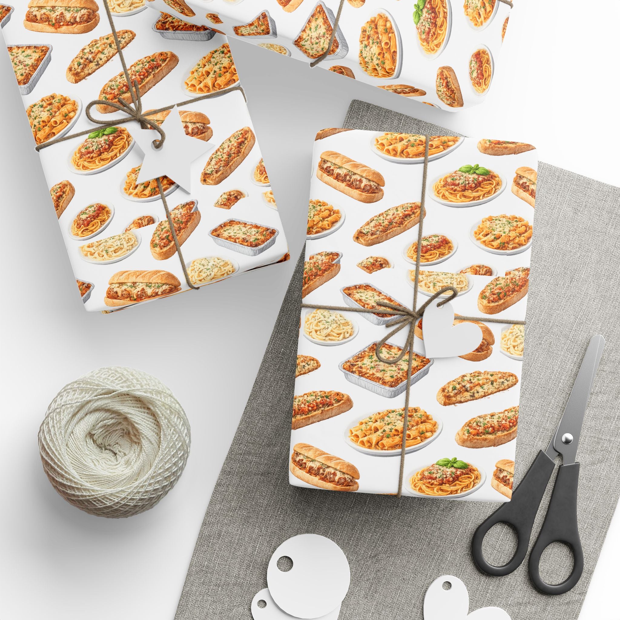 Italian Food Pattern White Gift Wrap Paper | Pasta Spaghetti Rigatoni Meatball Sub Wrapping Paper Roll, Foodie Party Wrap