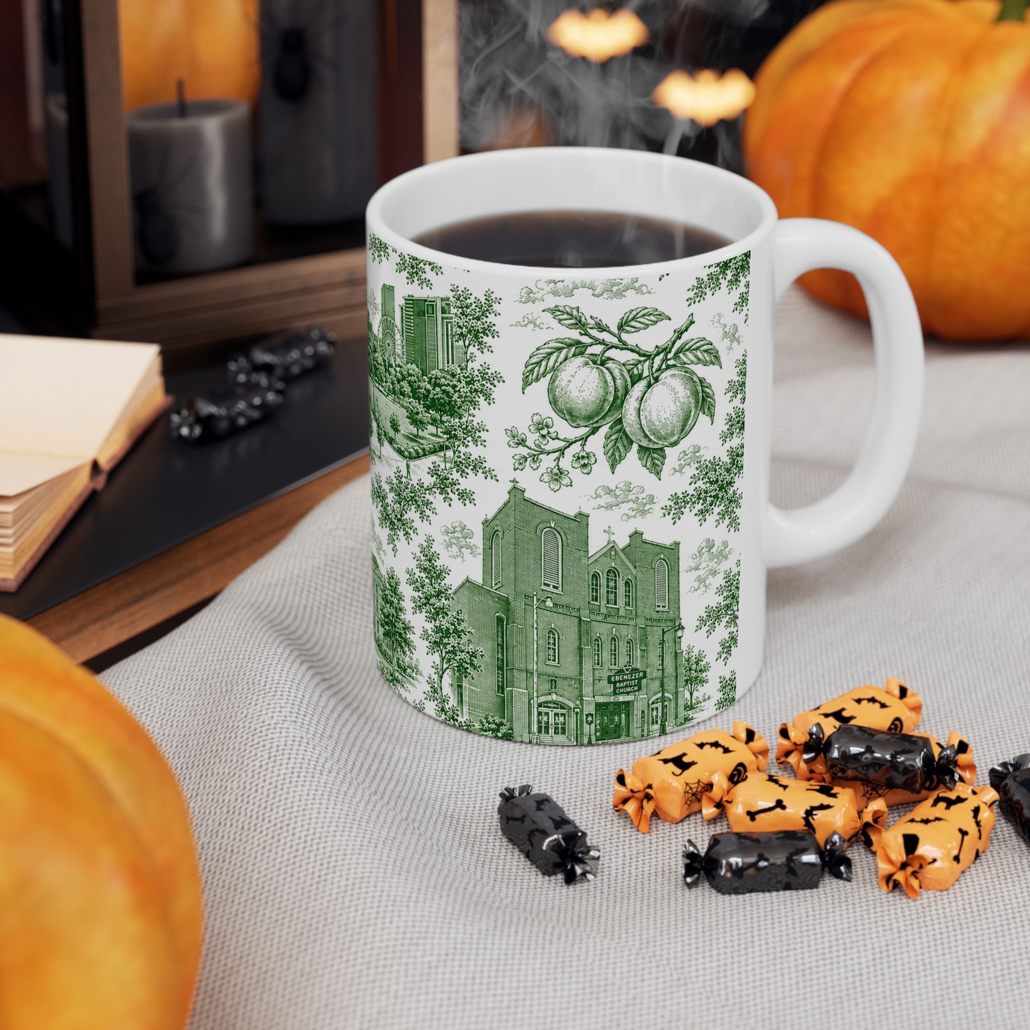 Atlanta Green Toile de Jouy Ceramic Mug — Atlanta, Georgia Skyline & Capitol Illustration (11oz)
