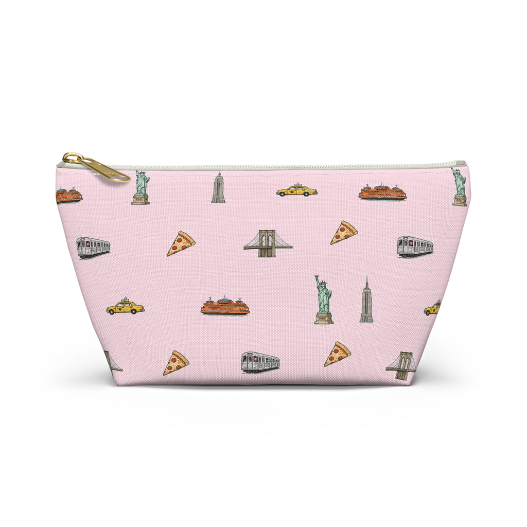 Icons of New York City Pink  Accessory Pouch — T-Bottom Makeup Bag with Statue of Liberty, Taxi & Pizza Pattern