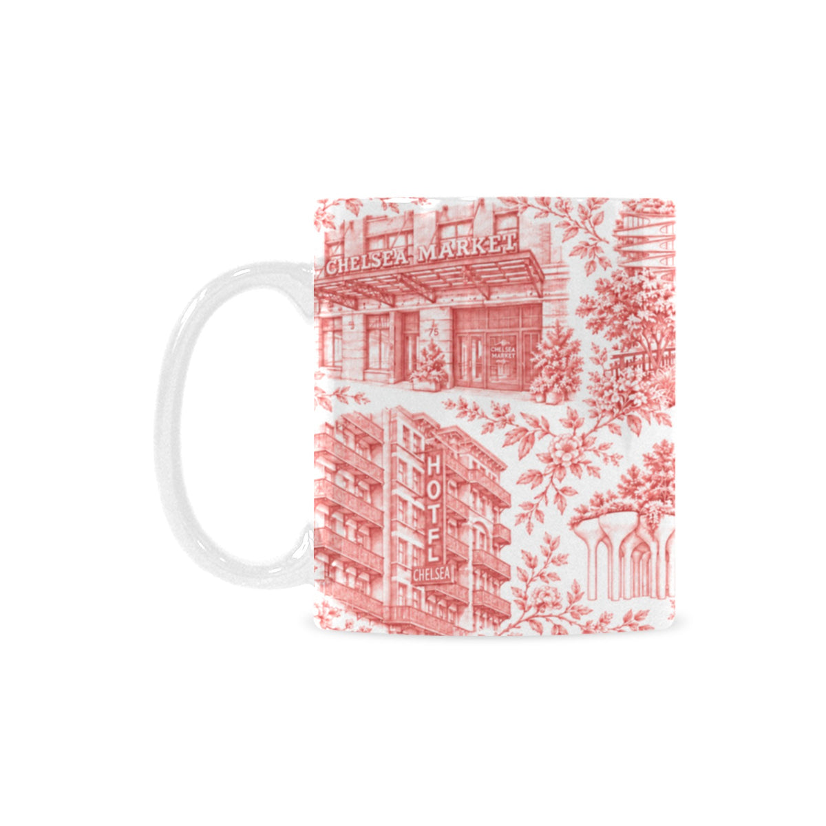 Chelsea Red Toile De Jouy Mug | Manhattan Chinoiserie Coffee Cup Custom White Mug (11oz)