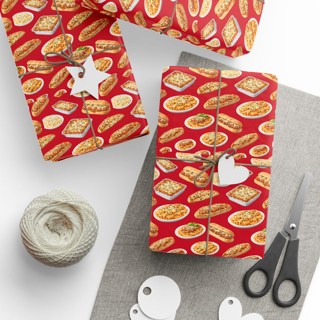 Italian Food Pattern Red Gift Wrap Paper | Pasta Spaghetti Rigatoni Meatball Sub Wrapping Paper Roll, Foodie Party Wrap