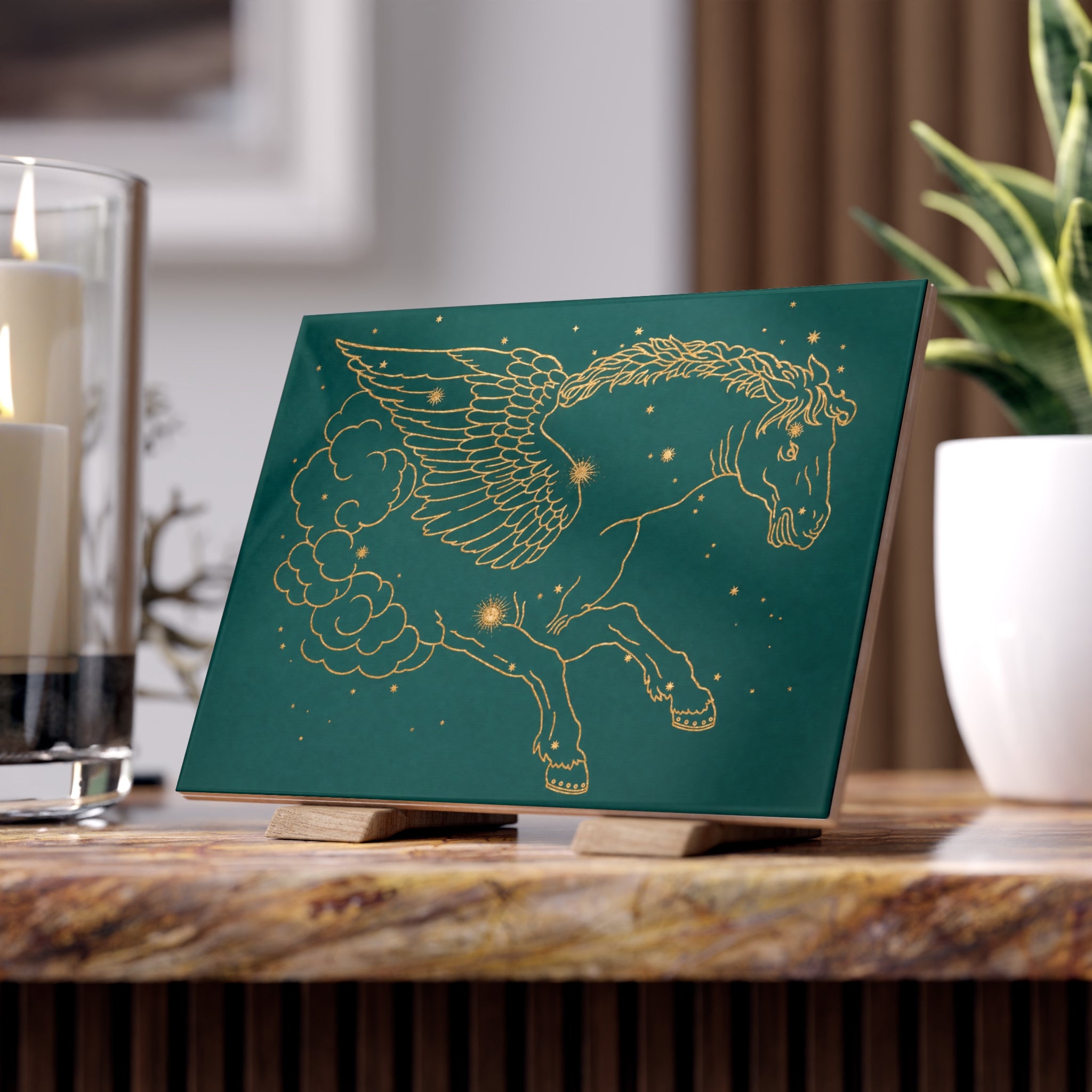 Grand Central Station-inspired Gold Pegasus on Teal Ceramic Bath Tile — Gold Constellation Winged Horse Art Tile