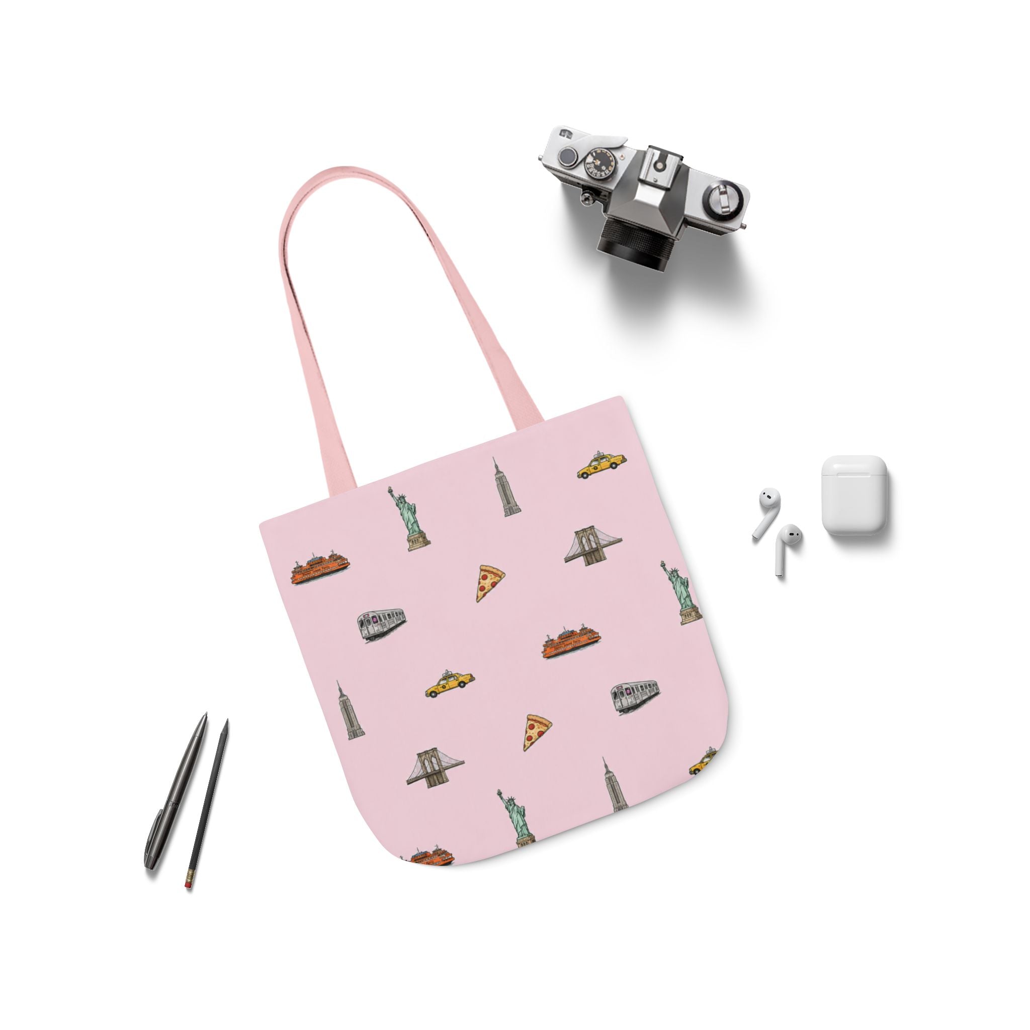 Icons of New York City Pink Canvas Tote — Statue of Liberty, Pizza & Taxi Pattern