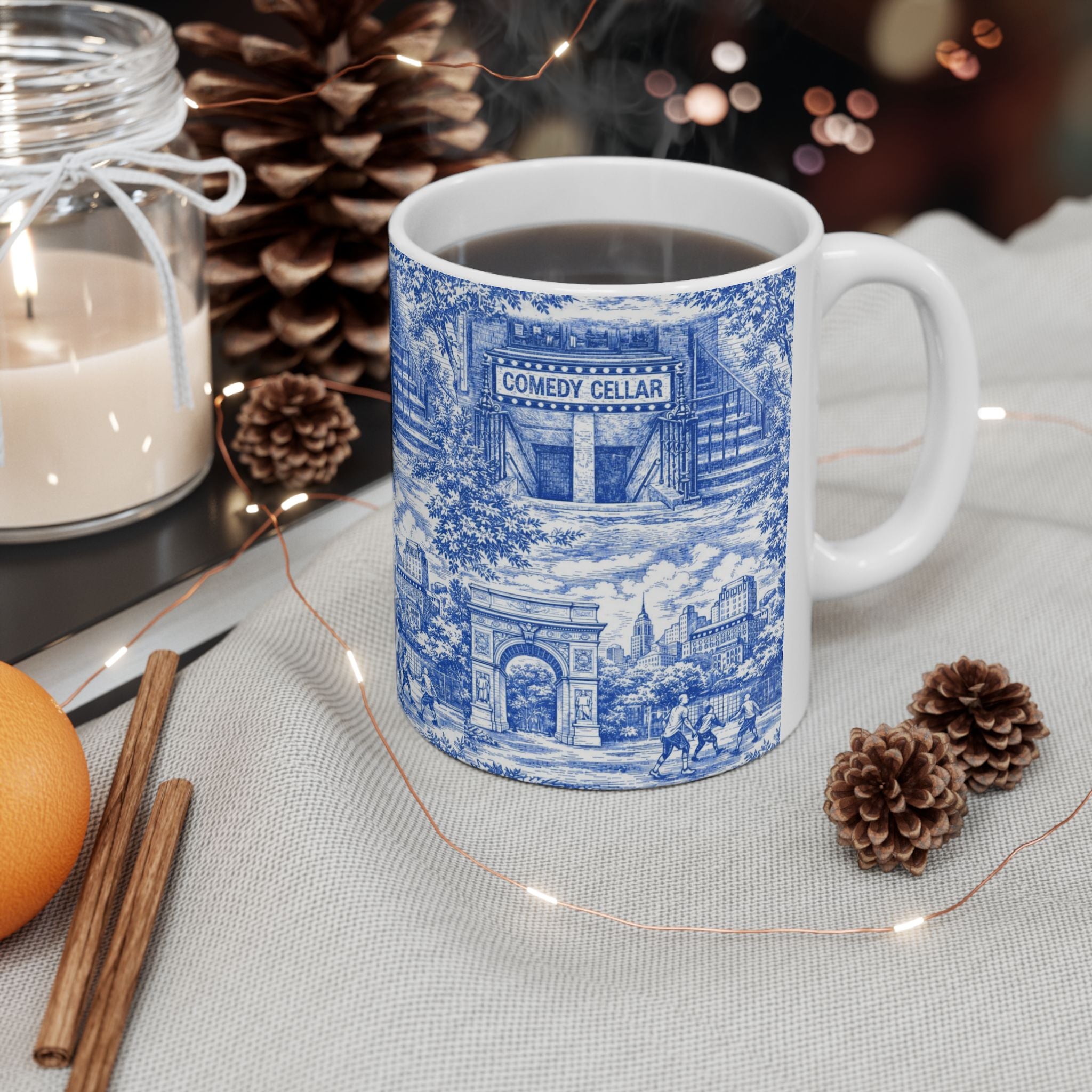 Greenwich Village Blue and White Toile de Jouy Mug | NYC Chinoiserie Ceramic Coffee Cup