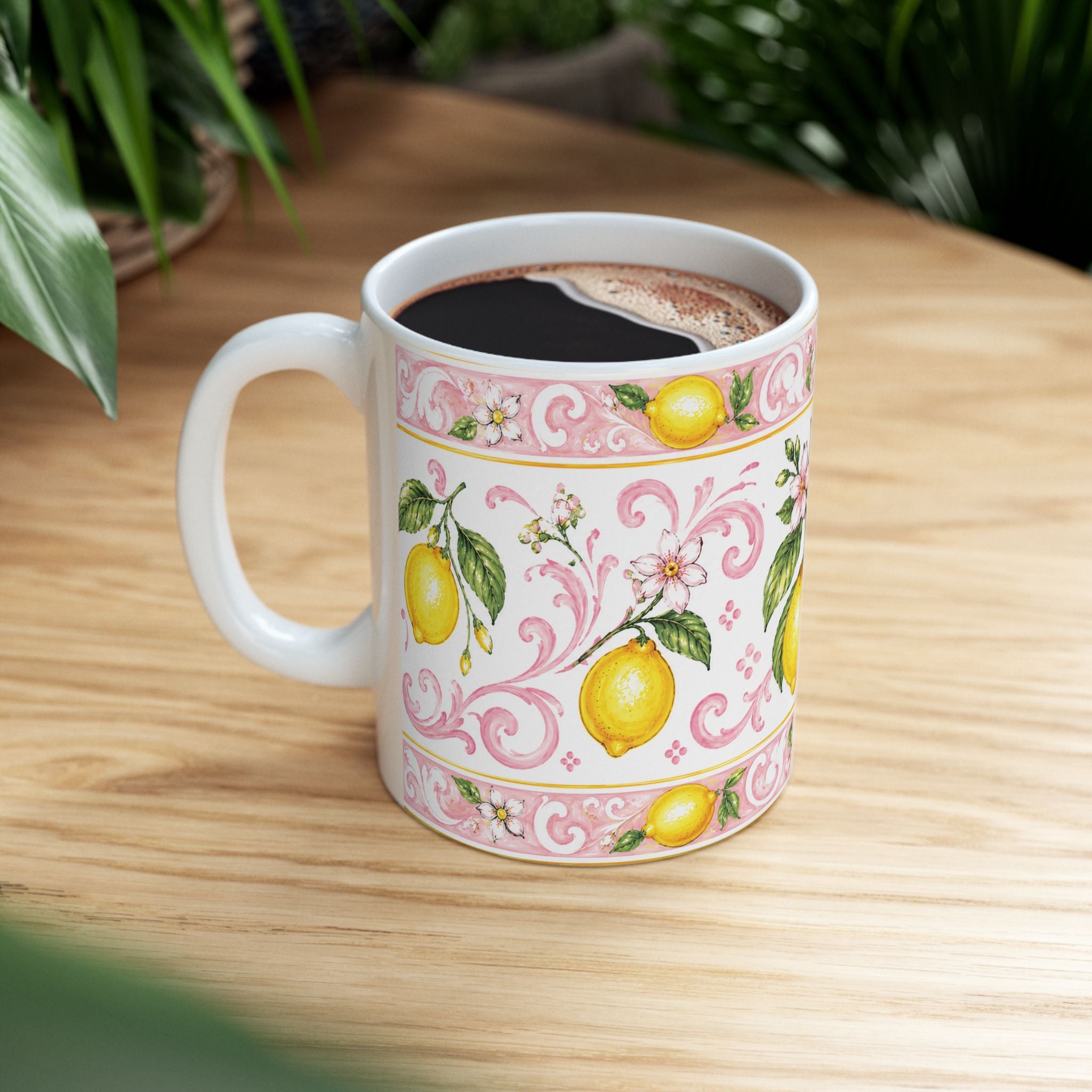 Little Italy Amalfi Pink with Lemon Mug — Italian Mediterranean Pattern Coffee Cup (11oz)