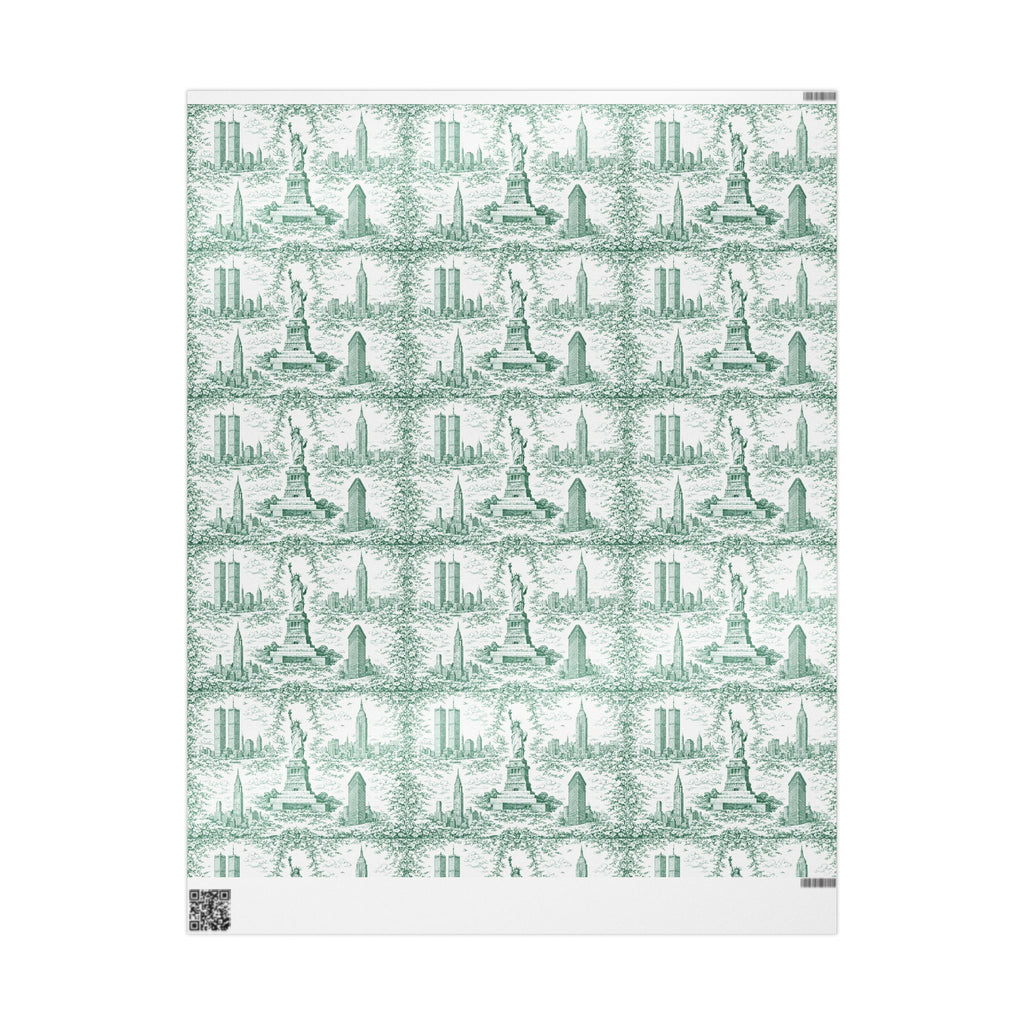 Manhattan NYC Green Toile Gift Wrapping Papers   Chinoiserie Old New York City Gift Wrap Empire State Building Twin Towers Statue of Liberty