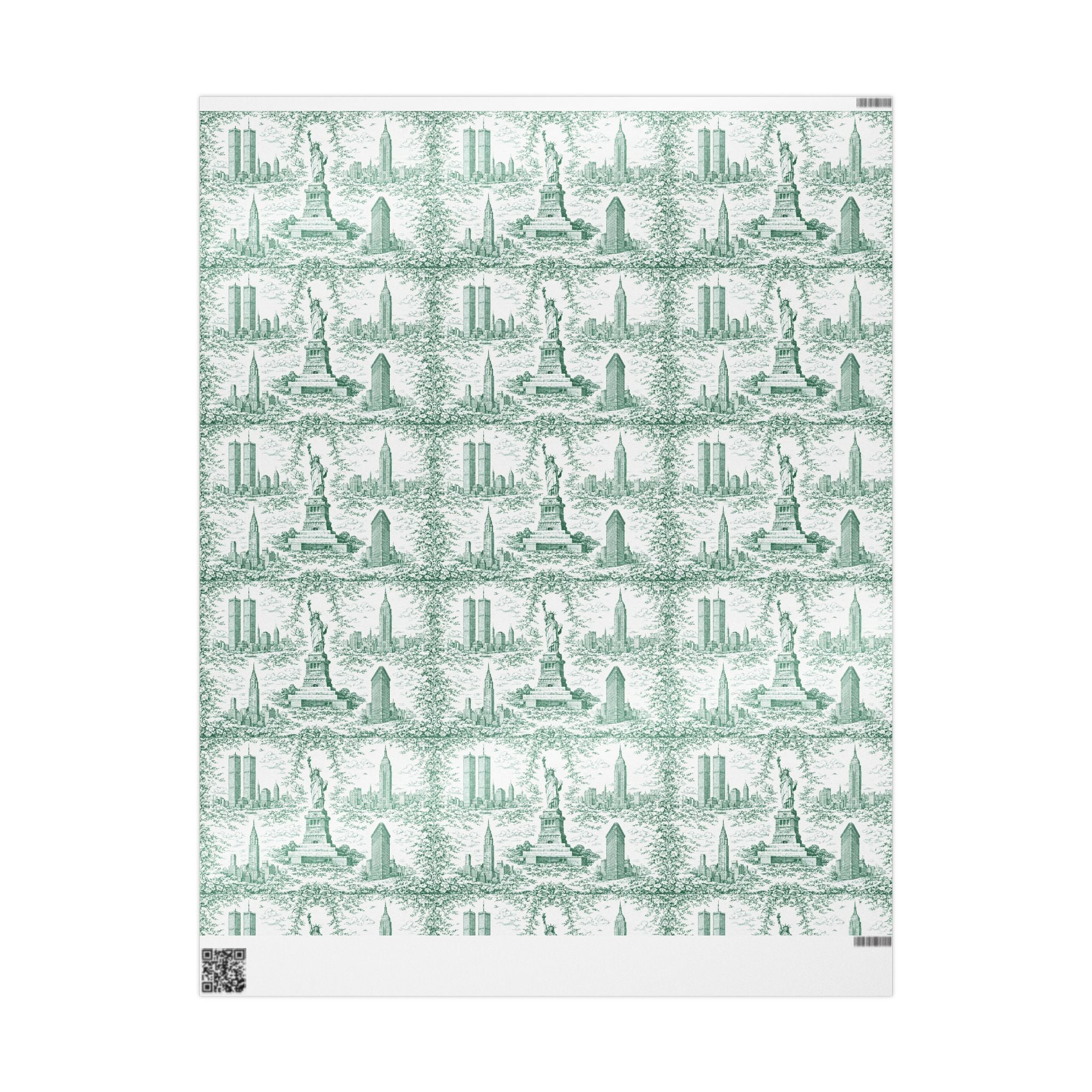 Manhattan NYC Green Toile Gift Wrapping Papers   Chinoiserie Old New York City Gift Wrap Empire State Building Twin Towers Statue of Liberty