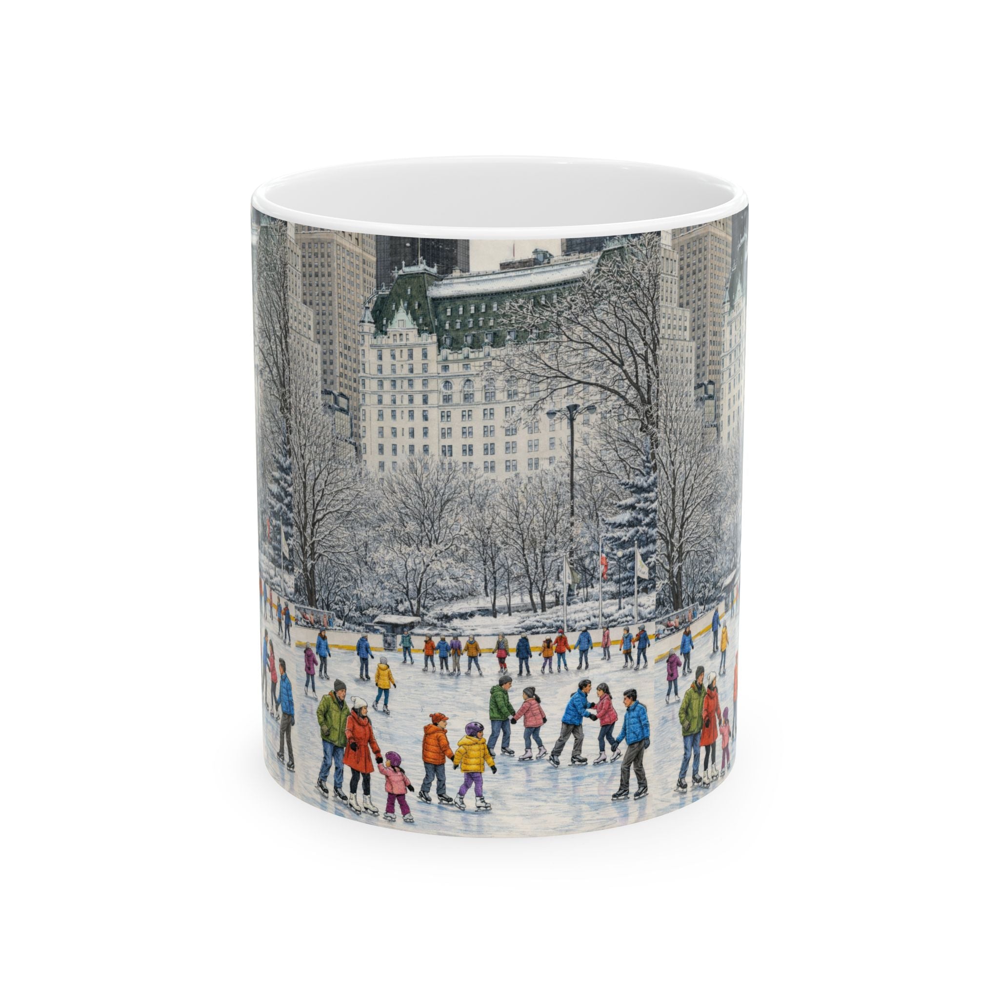 Central Park Wollman Rink Ice Skating Scene Mug | NYC The Plaza Winter Ceramic Coffee Cup