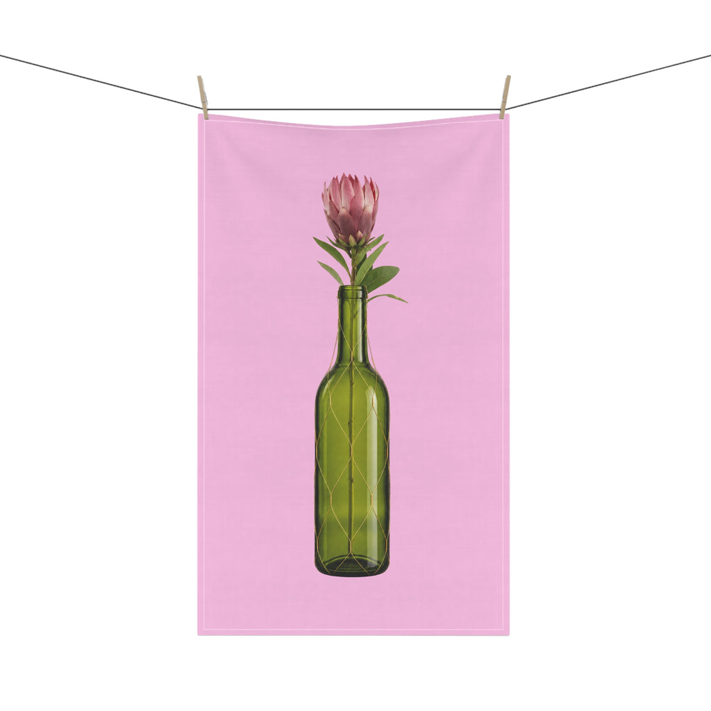Pink Wine Bottle Tea Towel — Green Bottle with Protea on Pink Floral Kitchen Towel Hostess Gift