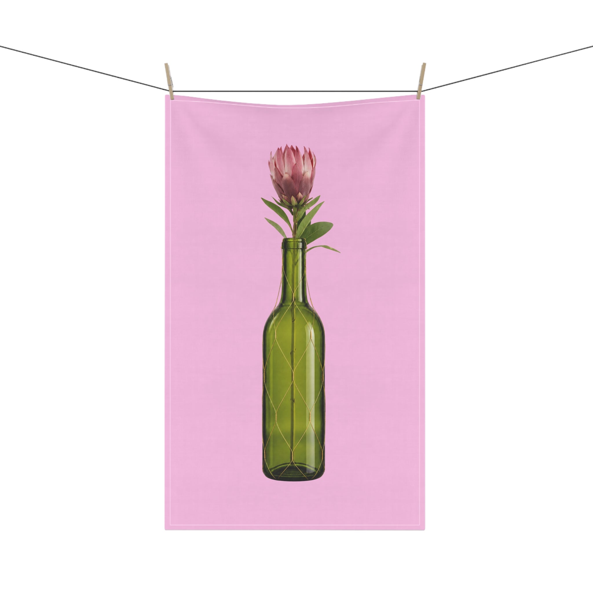 Pink Wine Bottle Tea Towel — Green Bottle with Protea on Pink Floral Kitchen Towel Hostess Gift