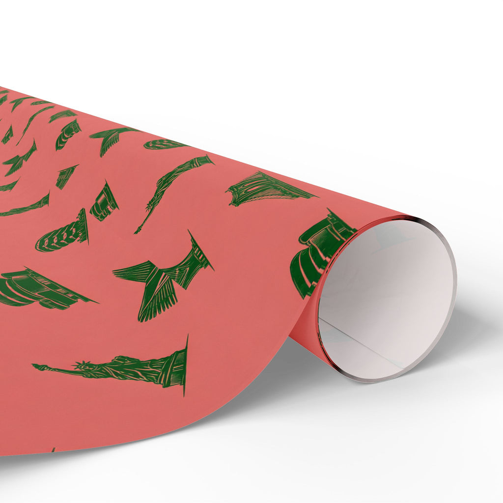 NYC Landmarks on Pink Gift Wrap Paper | New York Statue of Liberty Oculus Vessel Brooklyn Bridge Guggenheim Wrapping Paper Roll