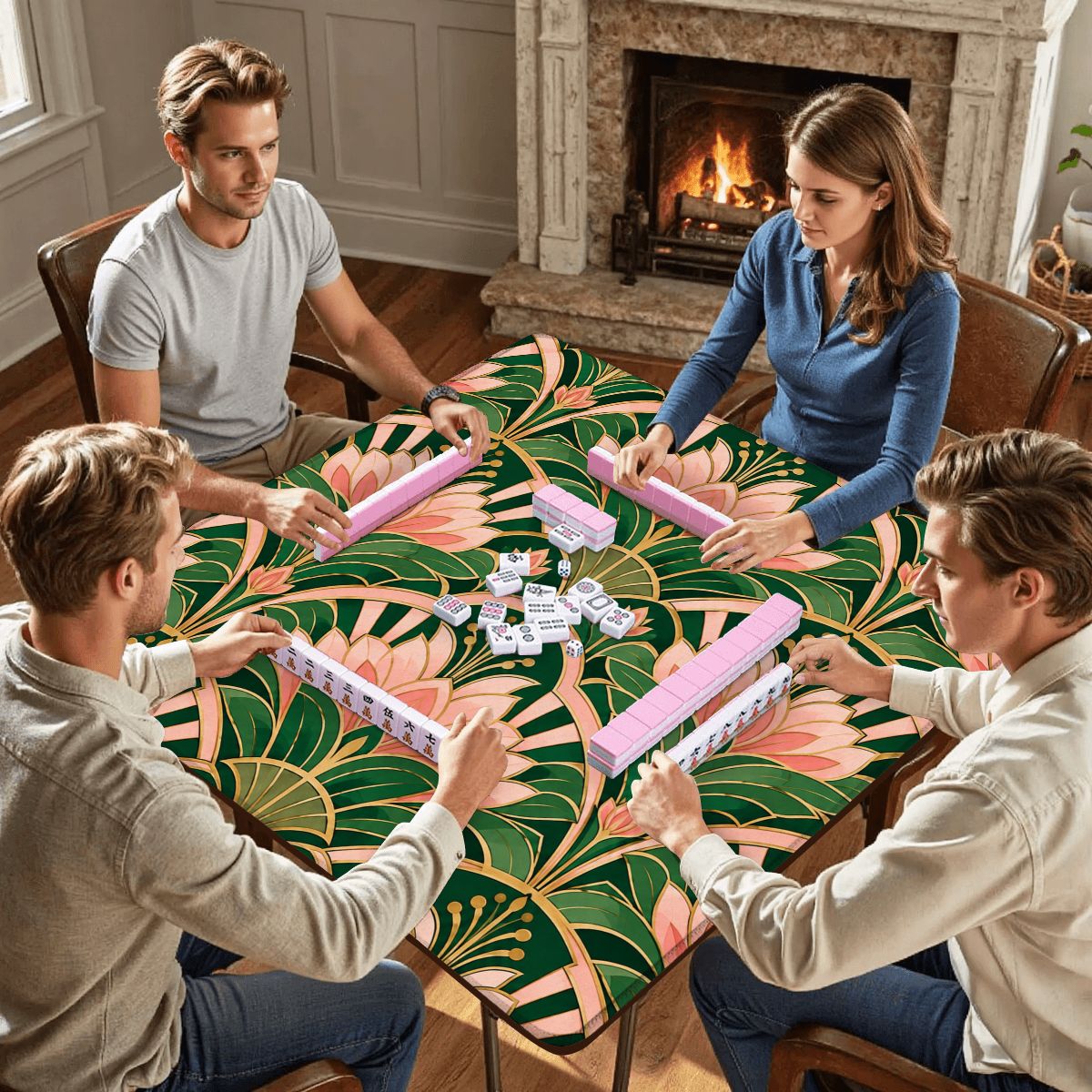 Art Deco Pink and Green Mahjong Mat 31.5"x31.5" (Ship Folded)
