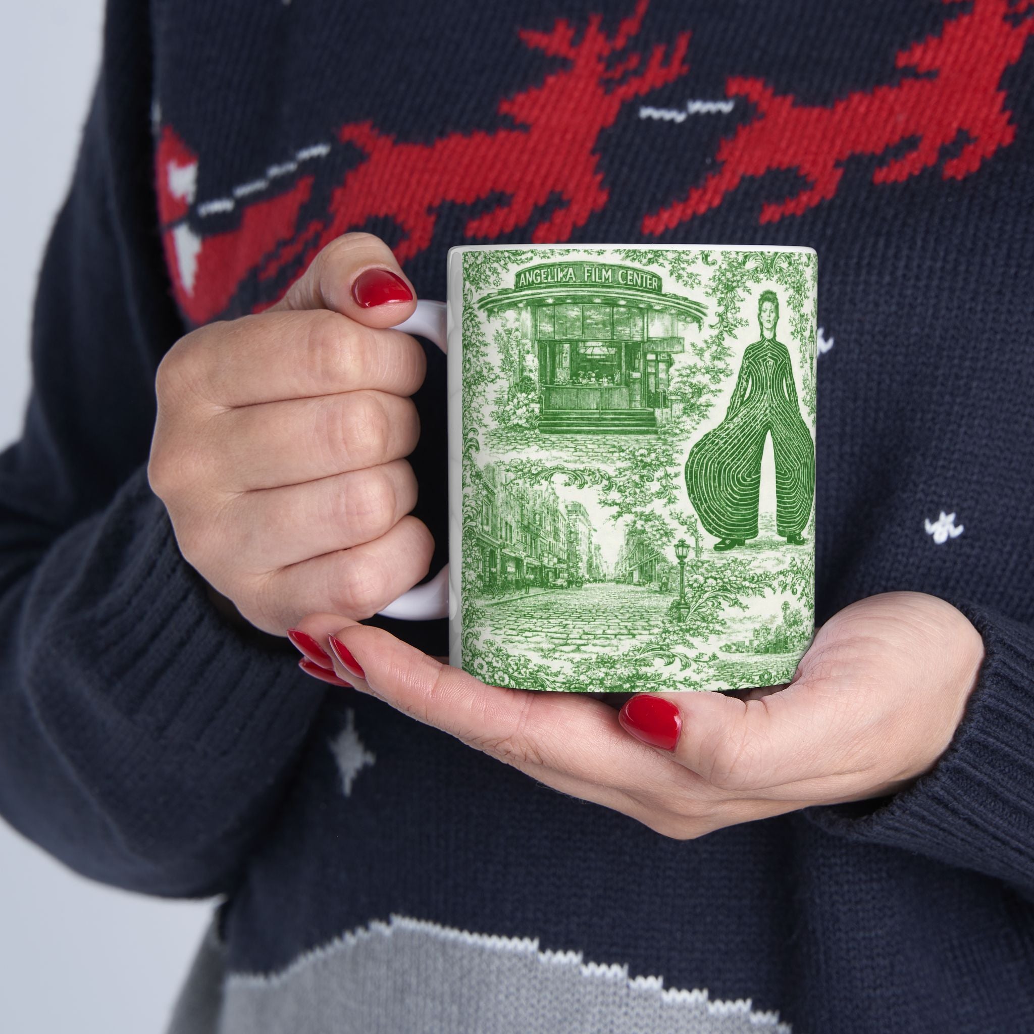 SoHo Green and White Toile de Jouy Mug | NYC Chinoiserie Ceramic Coffee Cup