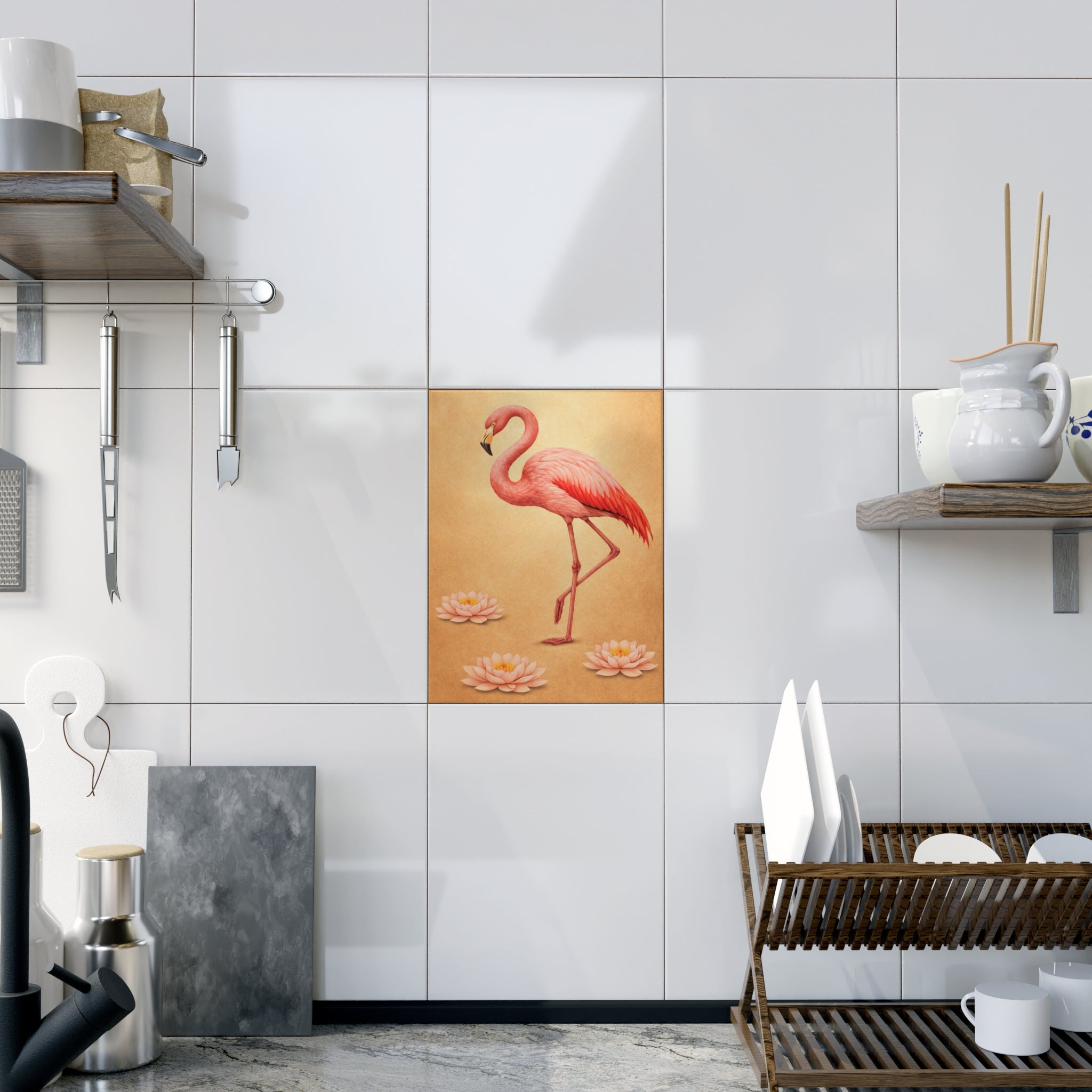 Bronx Zoo Art Deco Pink Flamingo on Gold Ceramic Shower Tile - Coastal Ceramic Bath Tile