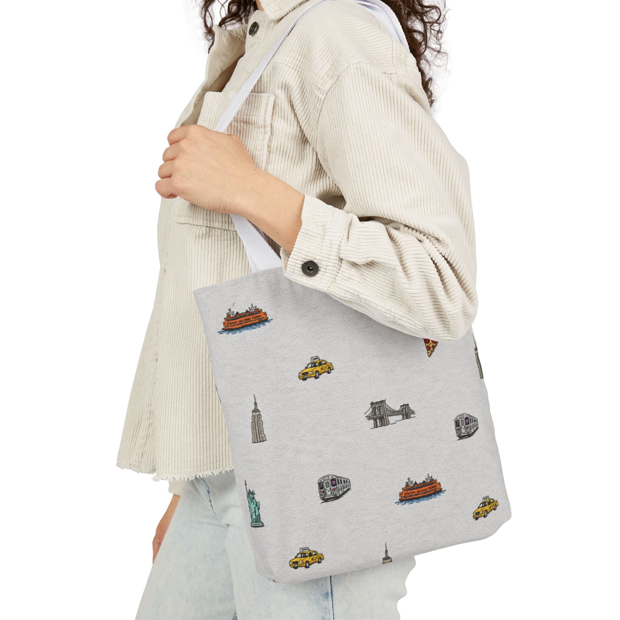 Copy of Icons of New York City Pink Canvas Tote — Statue of Liberty, Pizza & Taxi Pattern