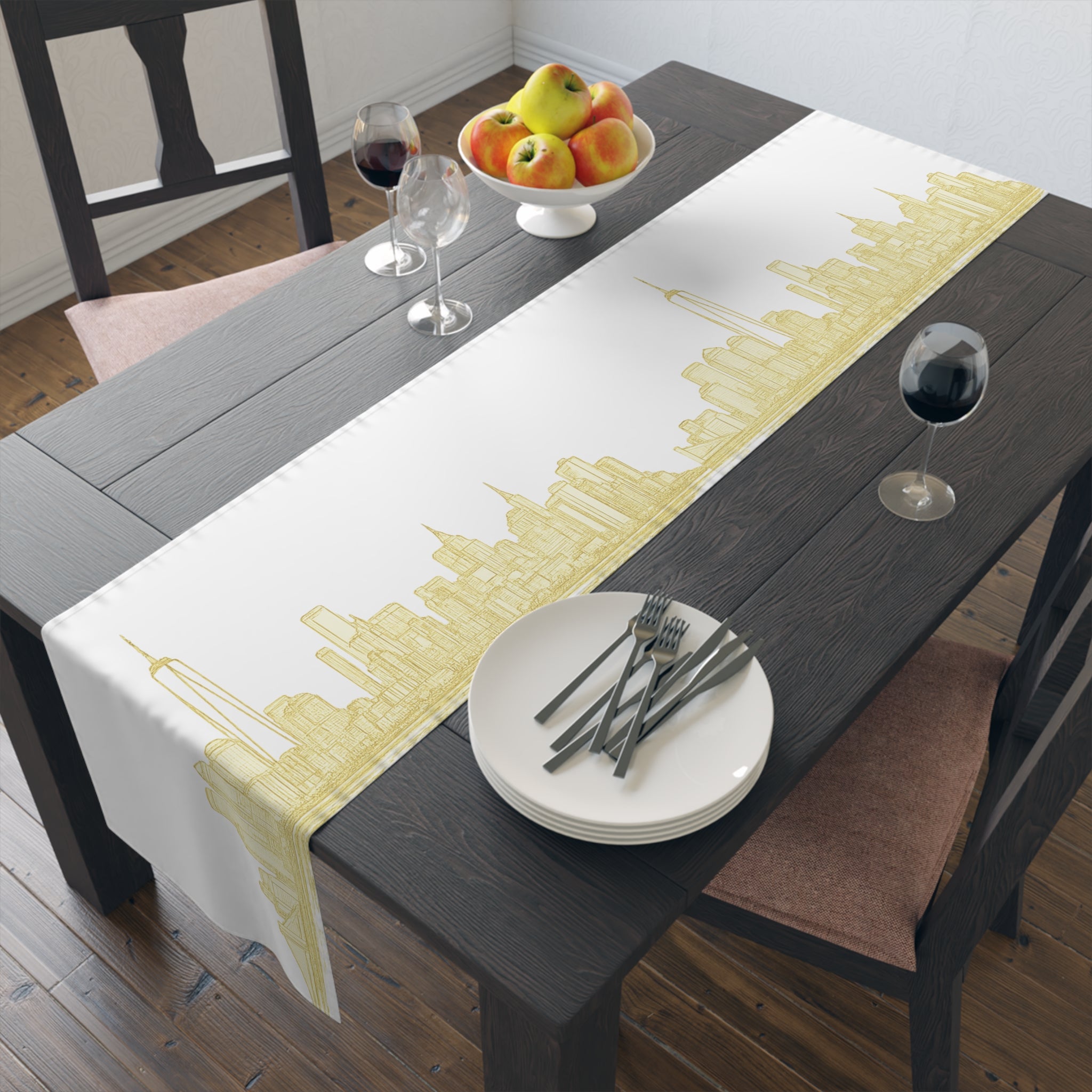 Chemin de table Or Horizon de New York – Décoration de table moderne Paysage urbain de Manhattan
