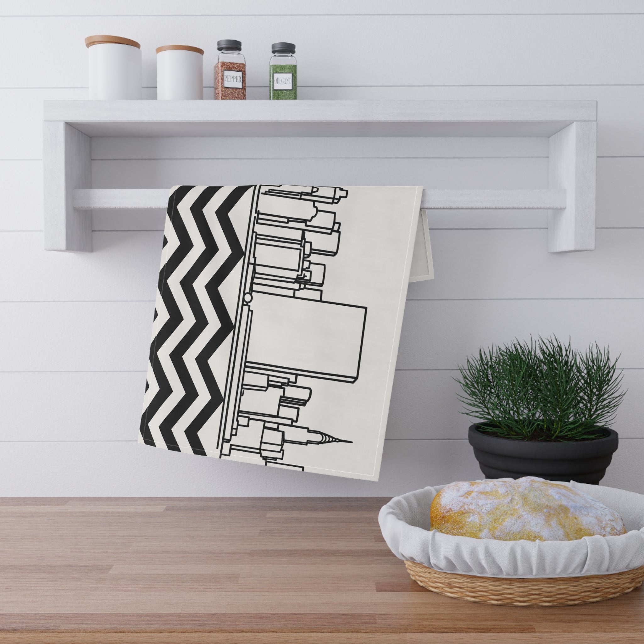 NYC Manhattan Skyline Chevron Tea Towel — Minimal Black & White New York City Skyline Kitchen Linen