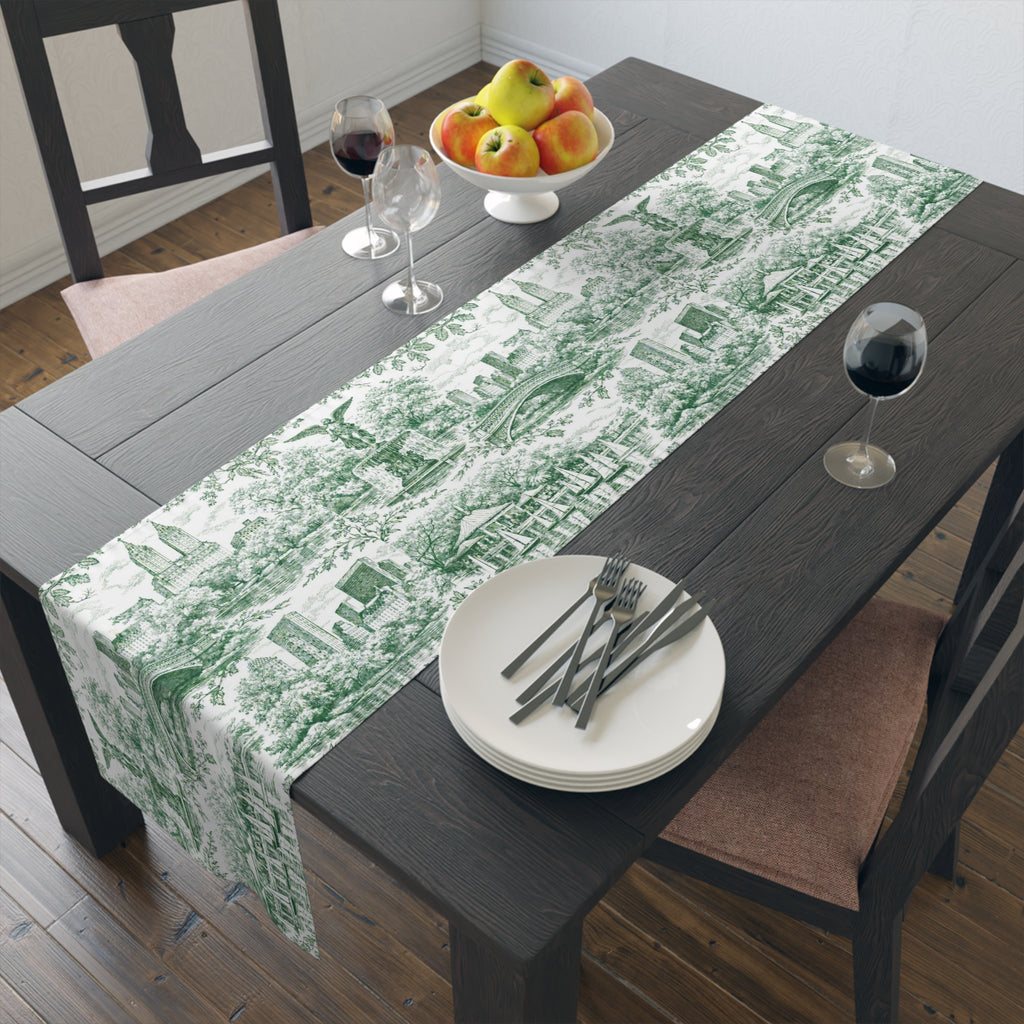 Central Park NYC Green Toile de Jouy Table Runner — New York Chinoiserie Dining Table Decor
