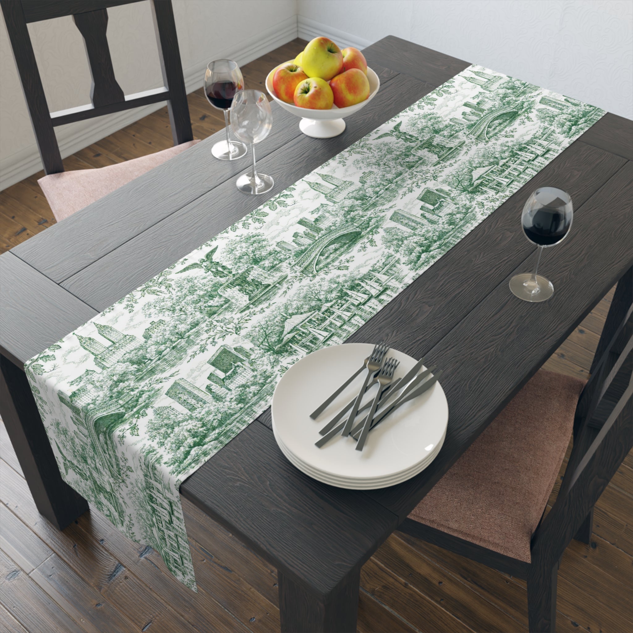 Central Park NYC Green Toile de Jouy Table Runner — New York Chinoiserie Dining Table Decor