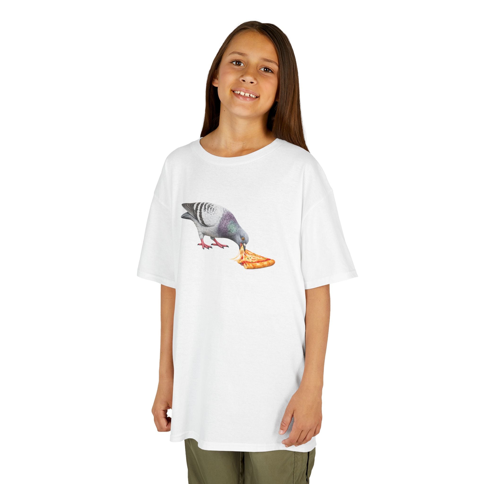 Customizable Little Italy NYC Pigeon Kid Pizza Tee —  Cute Bird Pizza Lover T-Shirt for Children
