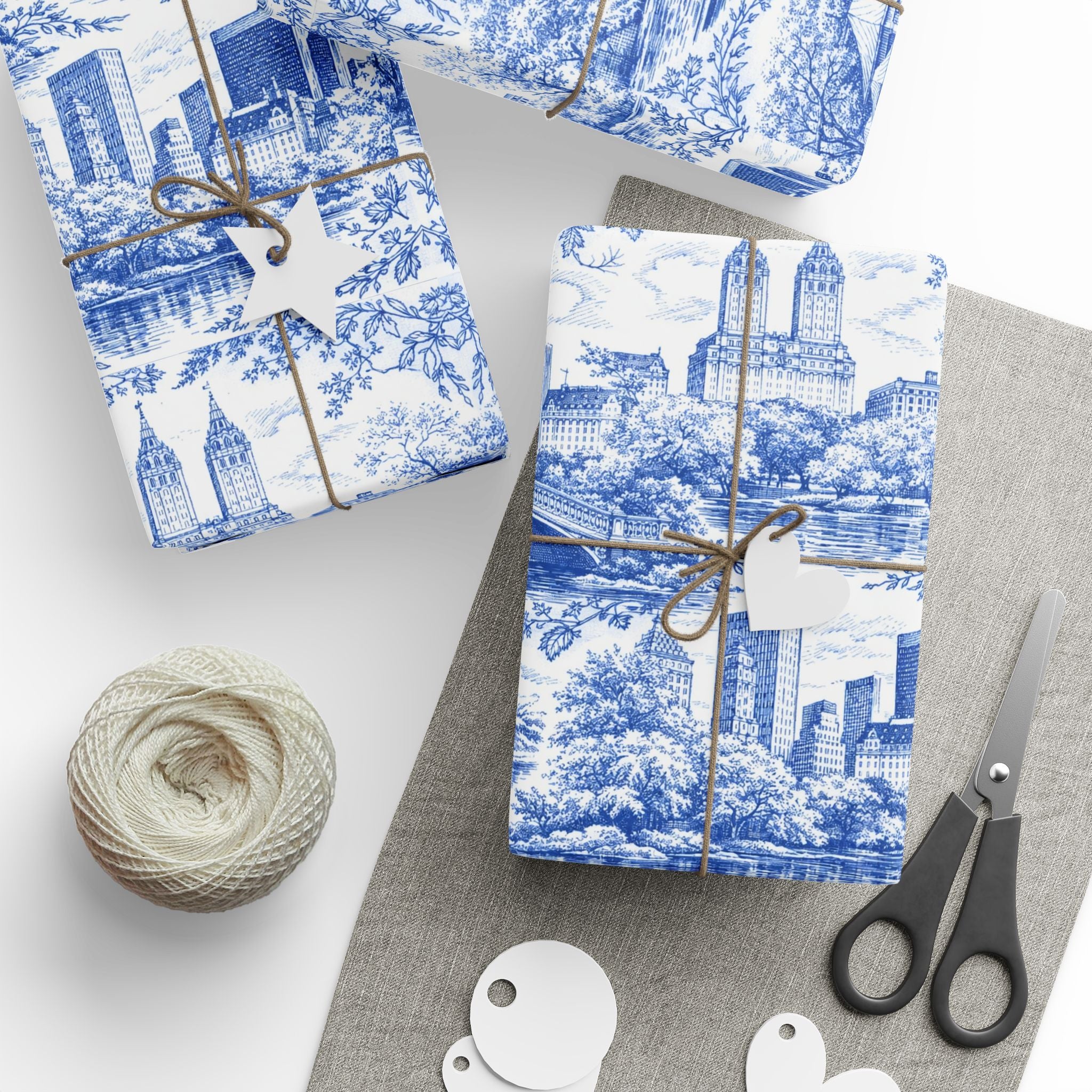 Central Park Blue Toile NYC Wrapping Paper | New York City Scenic Toile Pattern Roll