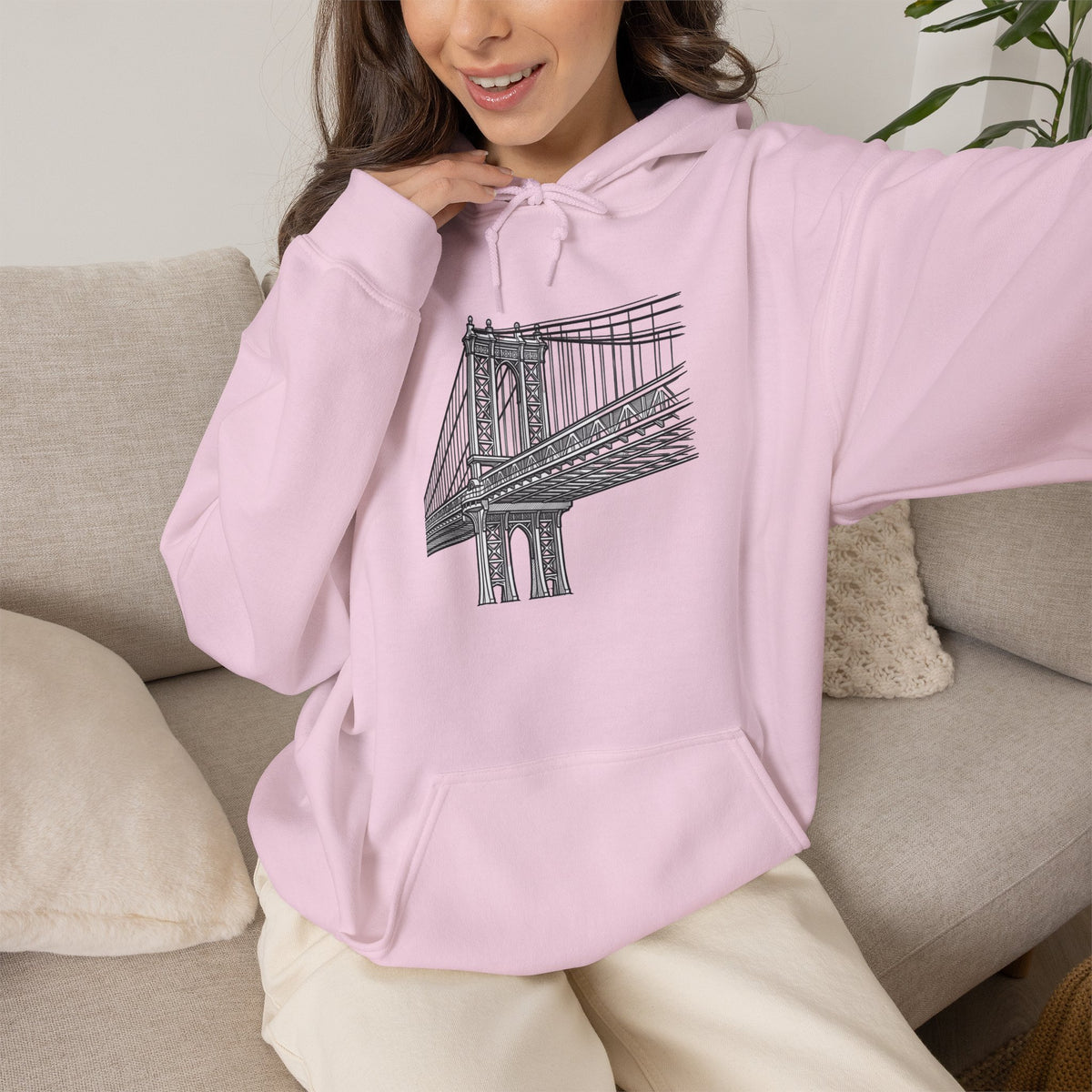 Manhattan Bridge Sketch Hoodie — New York City Bridge Pullover Hooded Sweatshirt