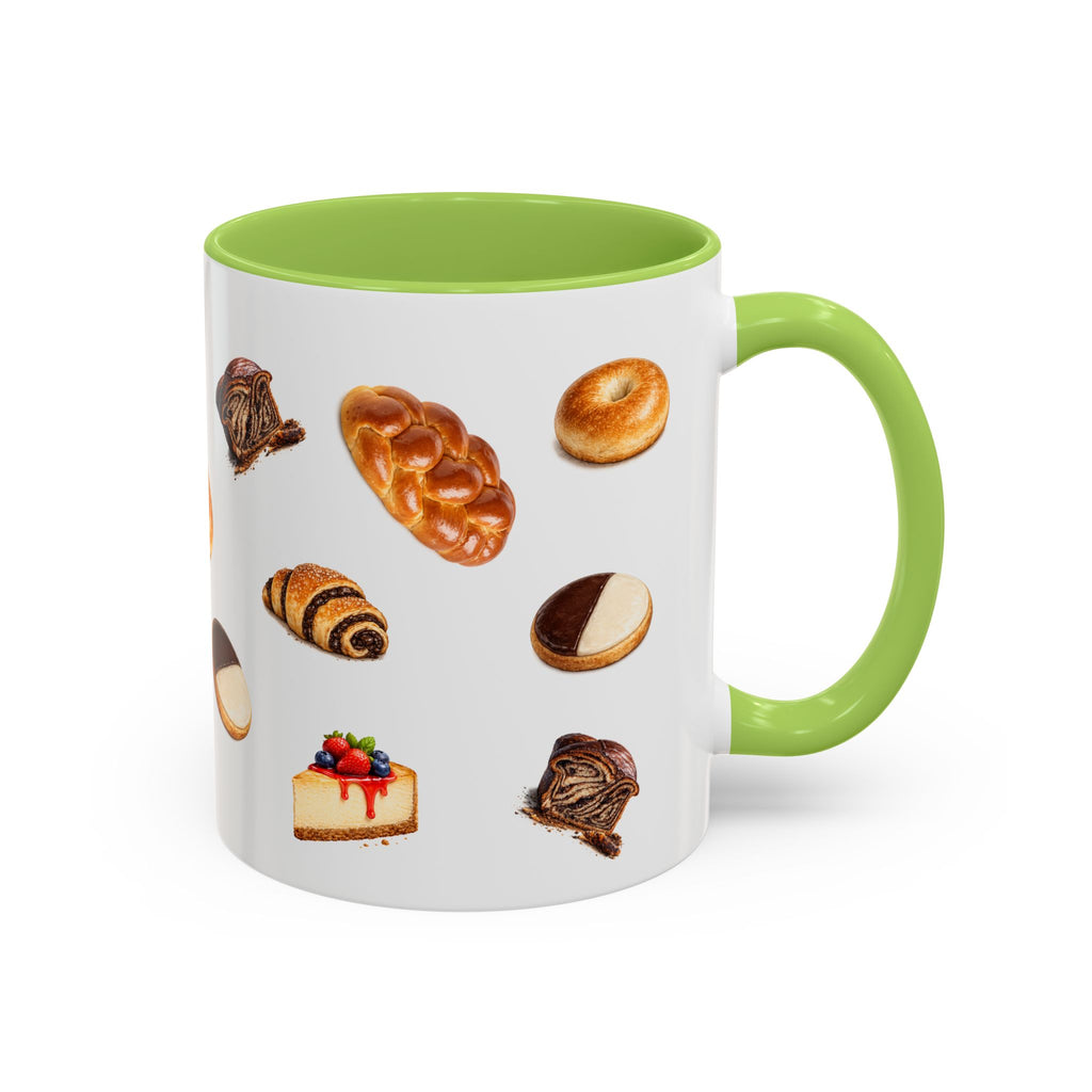 NYC Kosher Bakery Pattern Mug | Babka Cheesecake Rugelach Black + White Cookie Challah Bagel 11oz Ceramic Coffee Cup