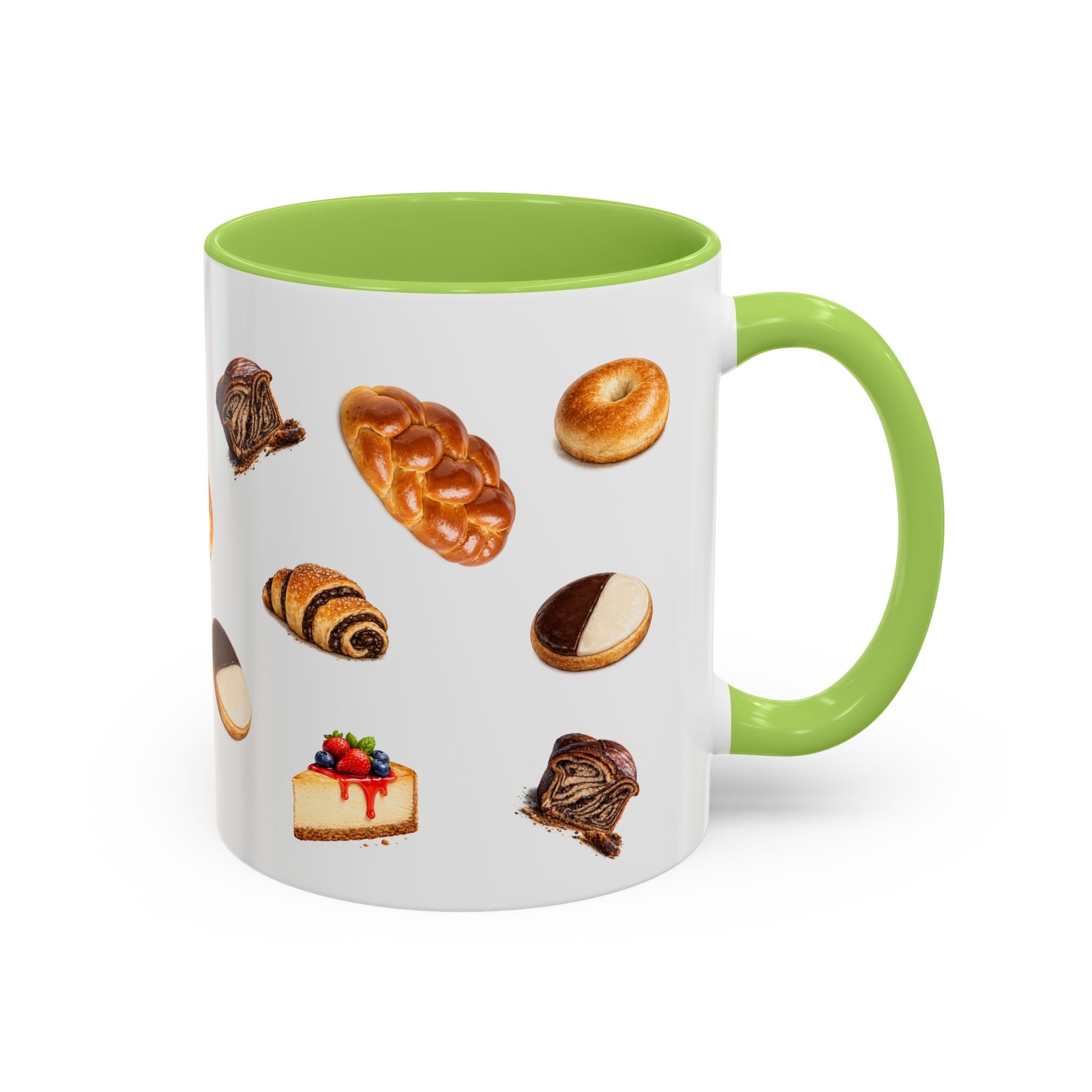 NYC Kosher Bakery Pattern Mug | Babka Cheesecake Rugelach Black + White Cookie Challah Bagel 11oz Ceramic Coffee Cup