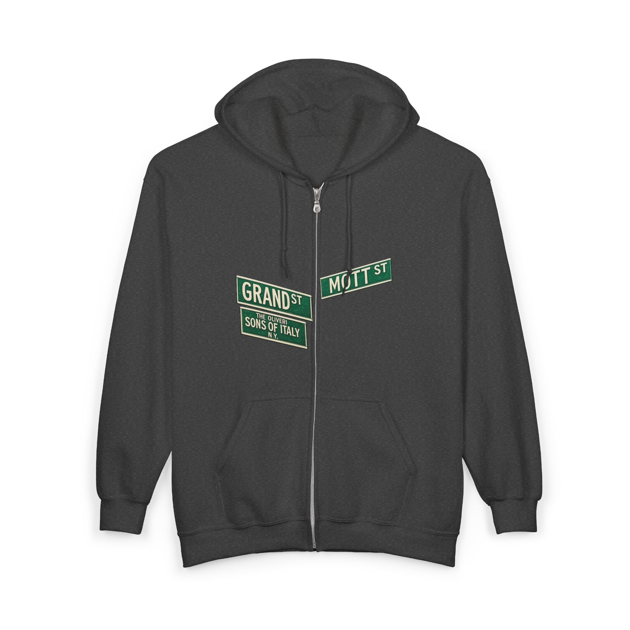 Little Italy Street Sign Zip up Hoodie | New York City Grand and Mott Sons of Italy Hooded Sweatshirt