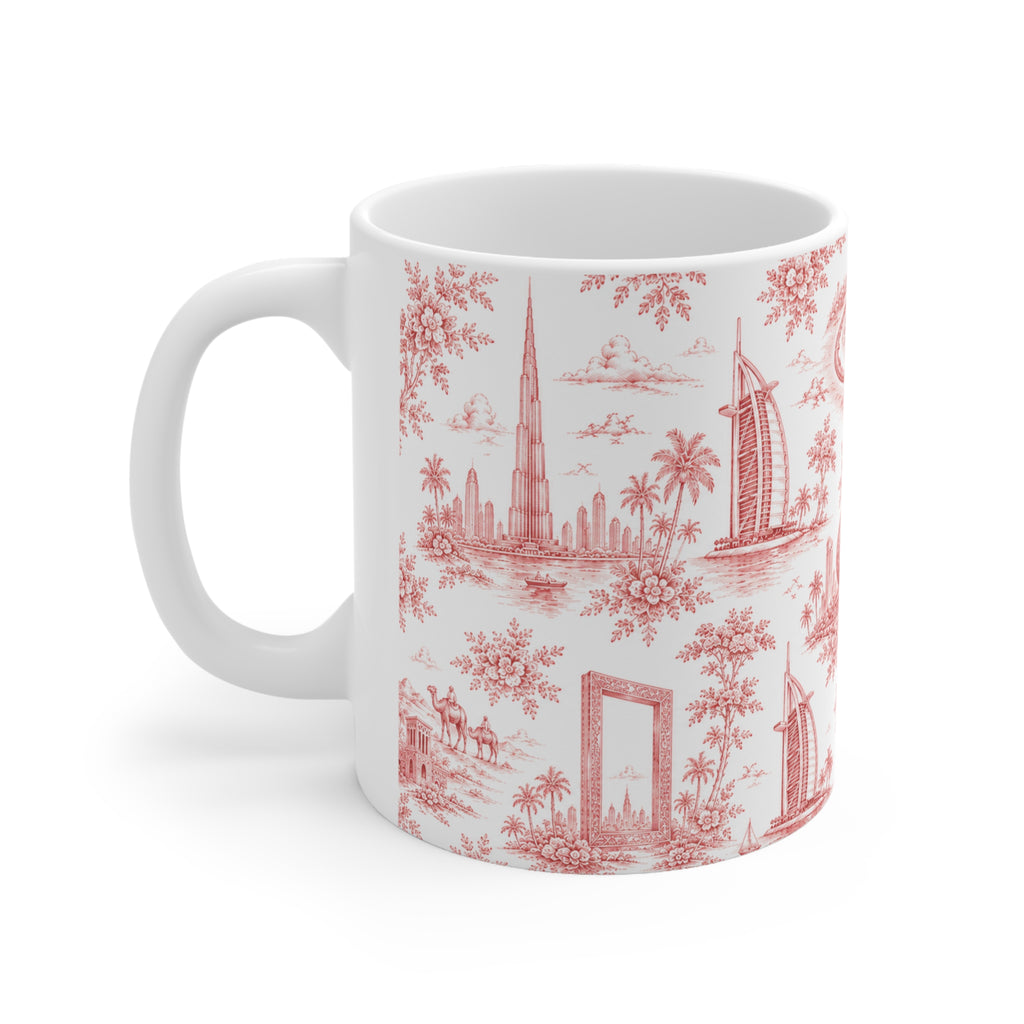 Dubai Red Toile de Jouy Ceramic Mug -  Coffee Cup (11oz; Ships from Europe)