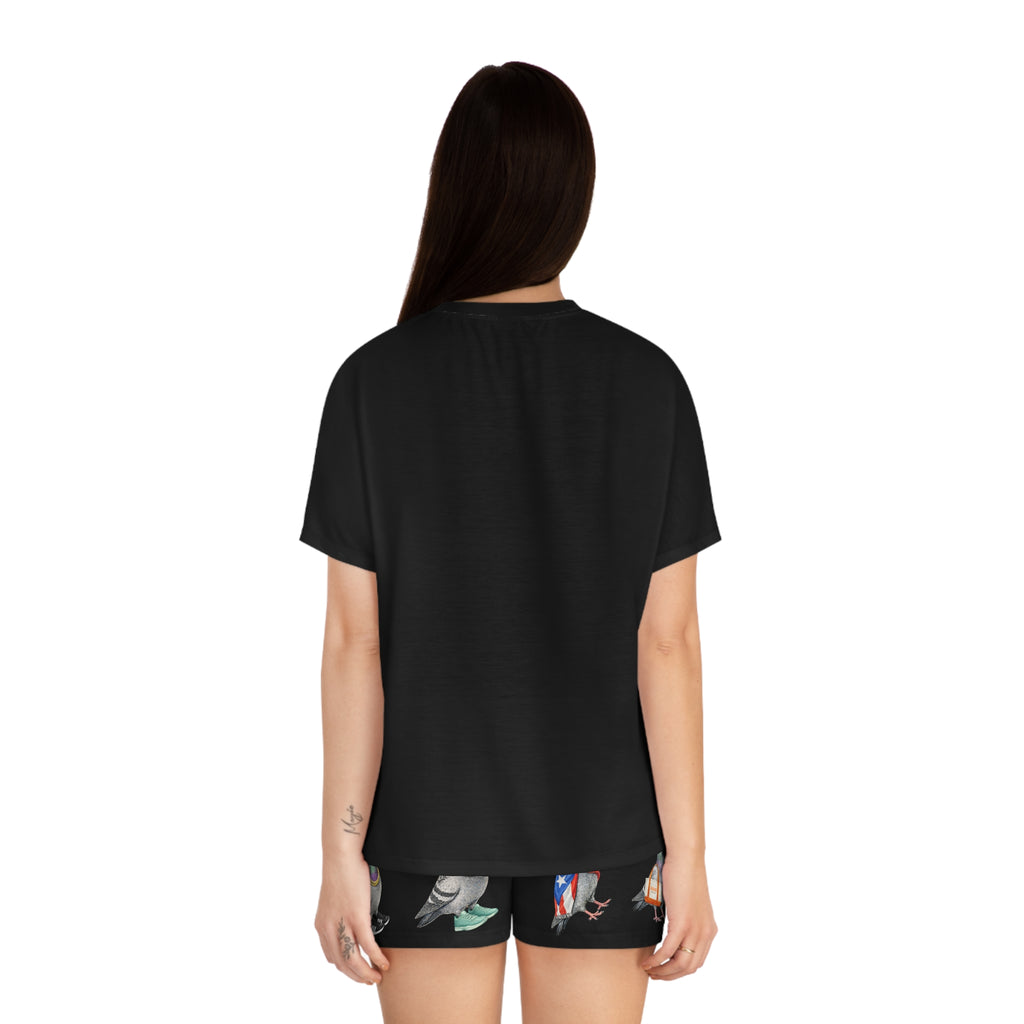 Black NYC Pigeons Pattern Short Pajama Set | New York City Bird Lovers Print PJs Cozy Sleepwear