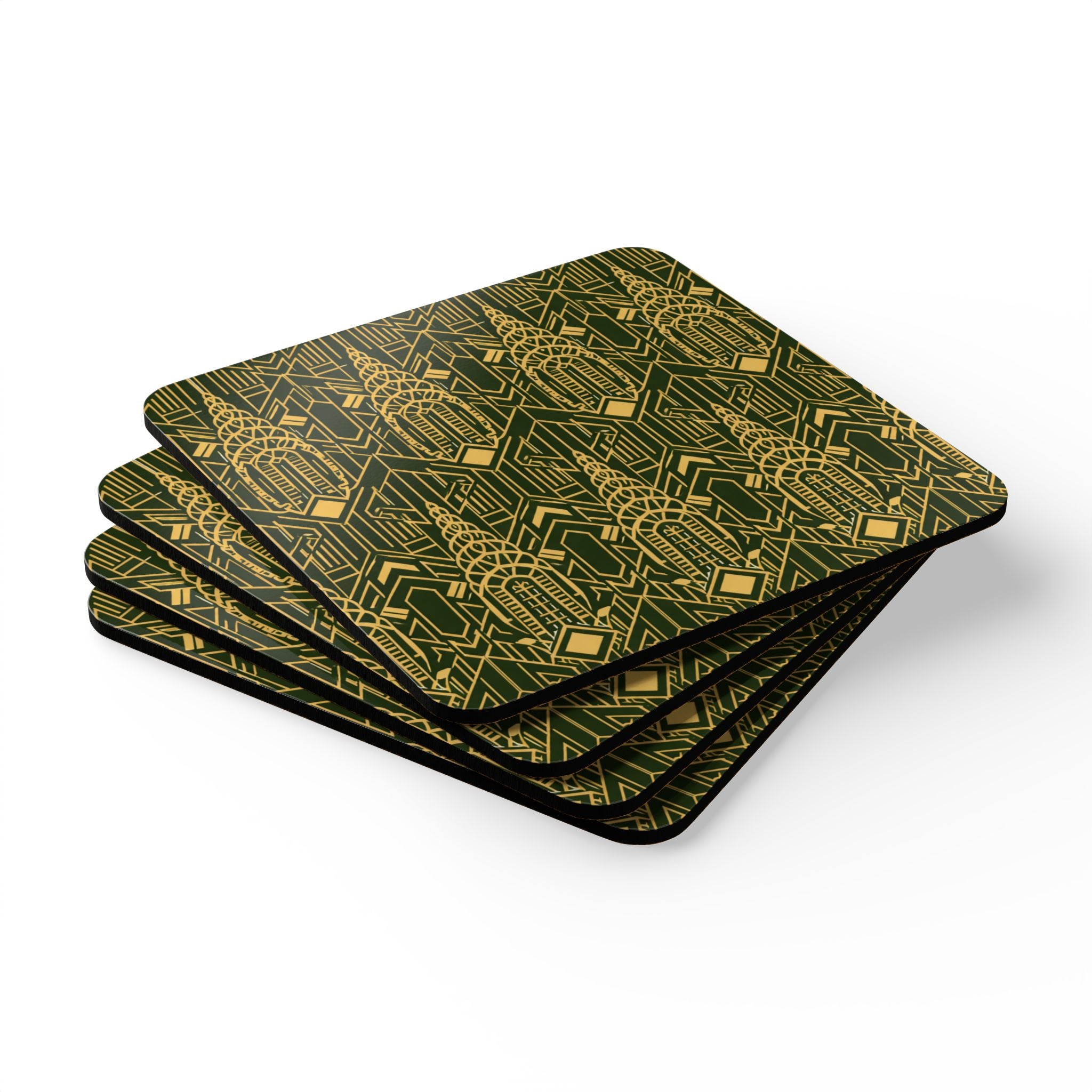 Art Deco Chrysler Building Gold & Green Cork Coaster Set — Geometric Vintage Cocktail Coasters Set of 4