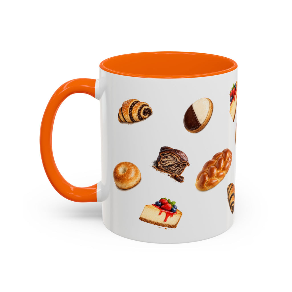 NYC Kosher Bakery Pattern Mug | Babka Cheesecake Rugelach Black + White Cookie Challah Bagel 11oz Ceramic Coffee Cup