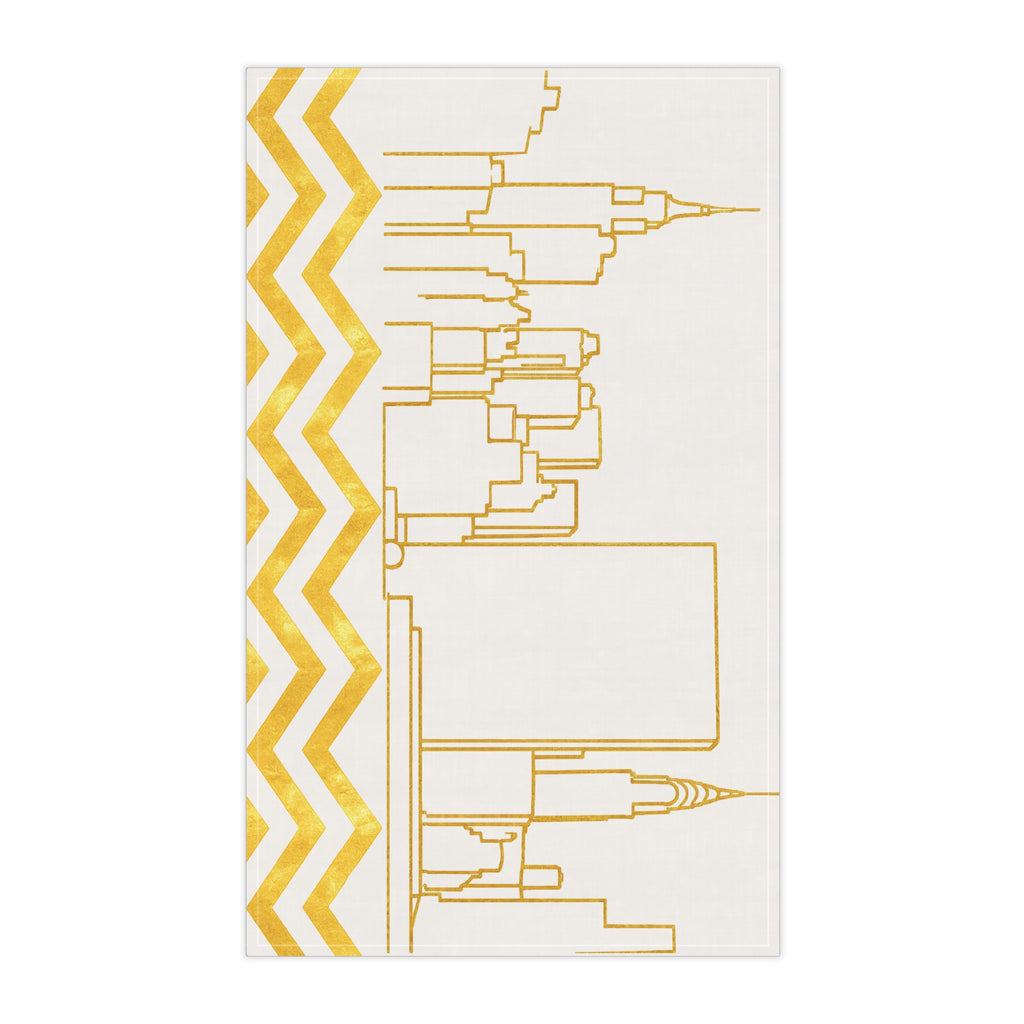 NYC Manhattan Skyline Gold Chevron Tea Towel — Minimal Gold & White New York City Skyline Kitchen Linen