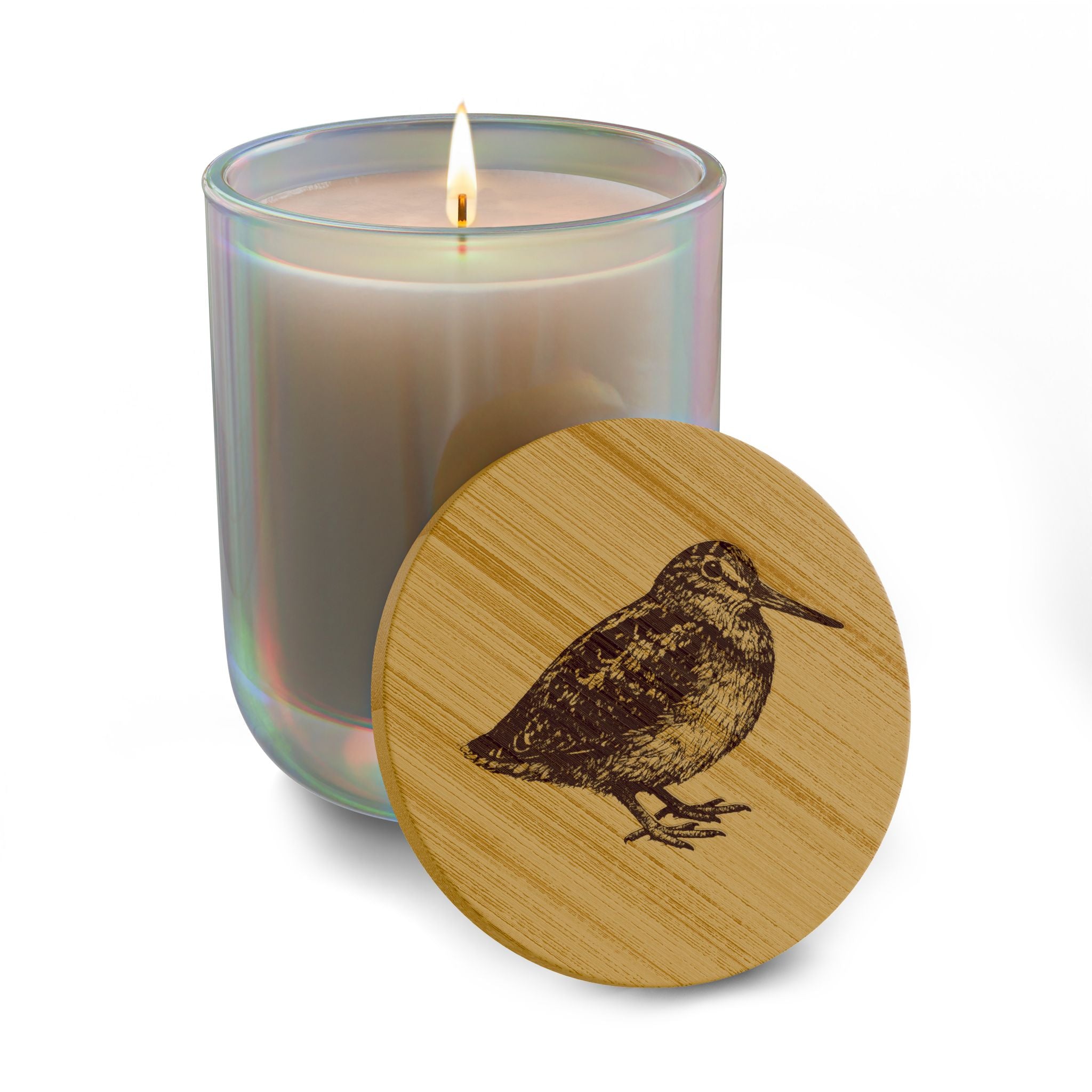 Engraved Bryant Park American Woodcock Soy Candle 14oz — Woodcock Bird Lover Gift Bamboo Lid, Scented Glass Jar