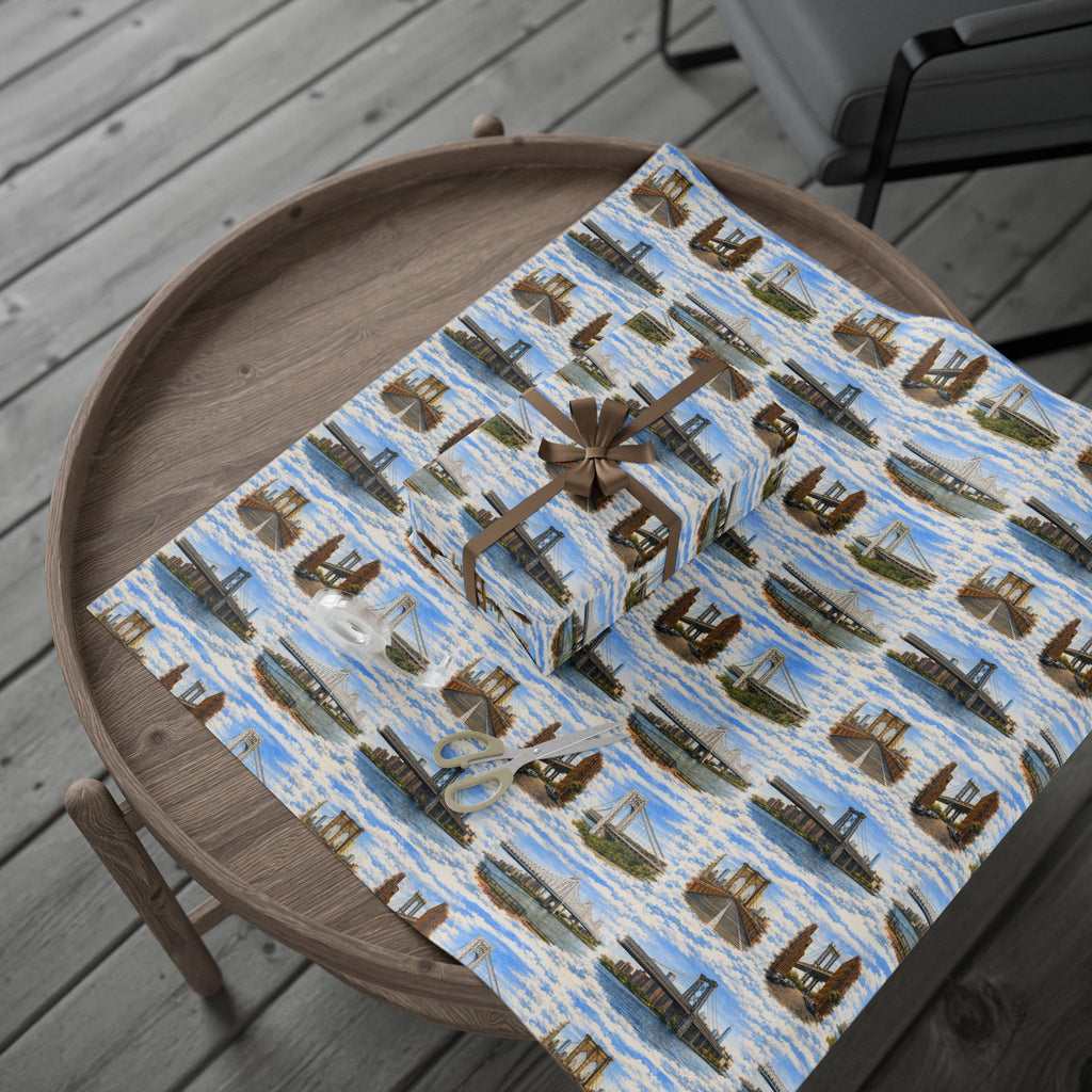 The Bridges of New York County Sky Toile NYC Gift Wrapping Paper | New York City Brooklyn Bridge DUMBO Manhattan Toile Pattern Roll