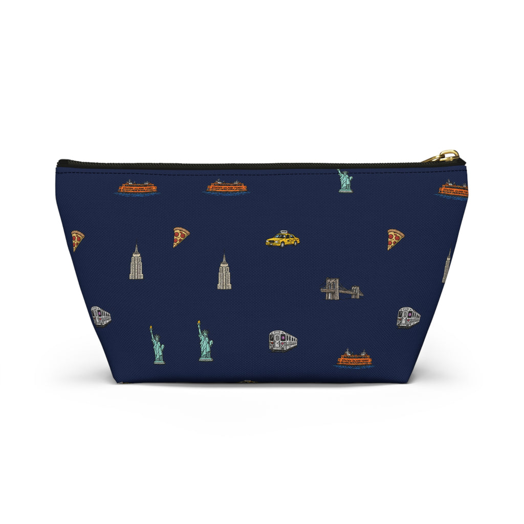 Icons of New York City Navy Blue Accessory Pouch — T-Bottom Makeup Bag with Statue of Liberty, Taxi & Pizza Pattern
