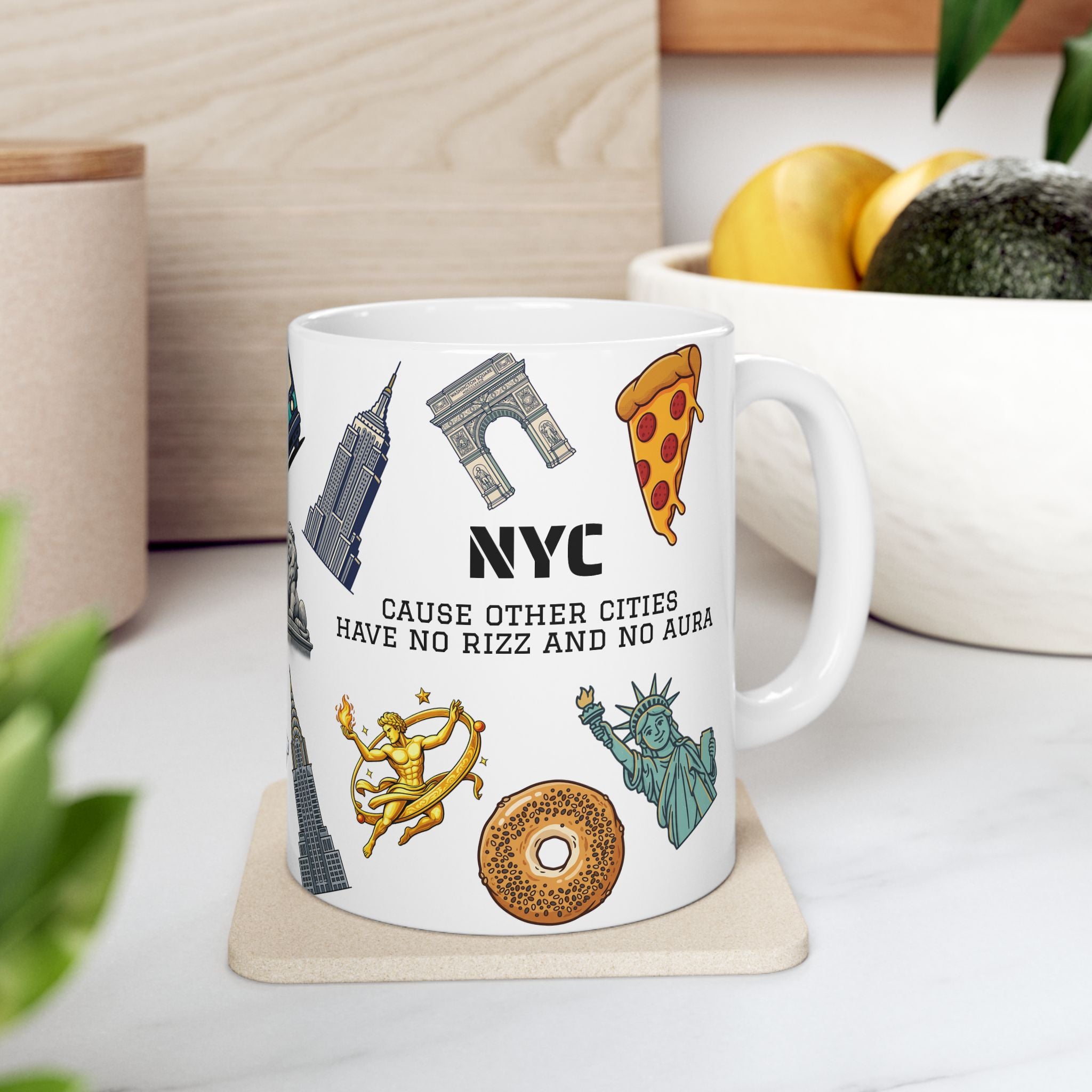 NYC Icons Rizz and Aura Mug | New York City Landmark Collage Ceramic Coffee Tea Mug